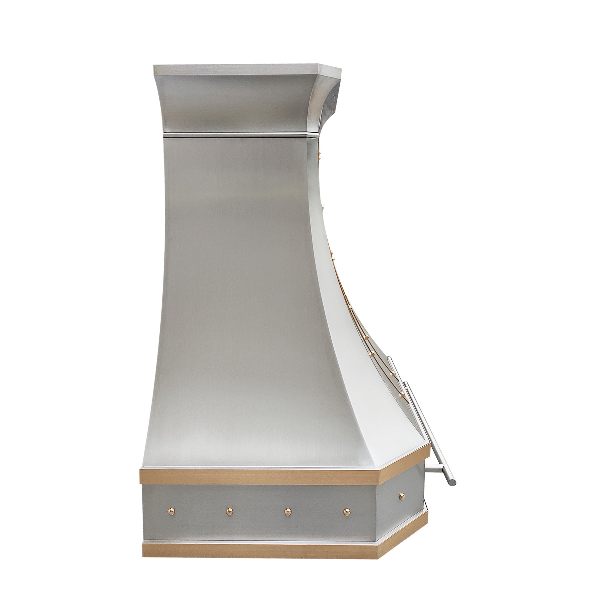 stainless steel range hood with brass accents and rivet detailing, designed for Vintage industrial kitchen.