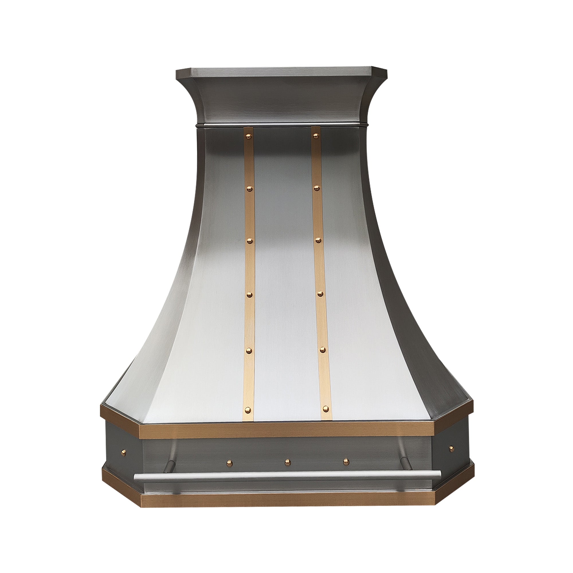 stainless steel range hood with brass accents and rivet detailing, designed for Vintage industrial kitchen.