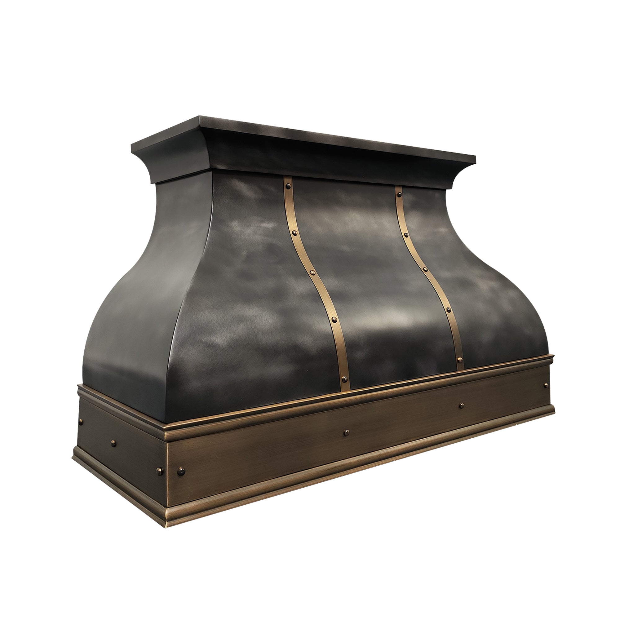 CKH zinc kitchen vent hood featuring a dark textured finish, brass rivet accents, and a curved vintage-industrial silhouette.