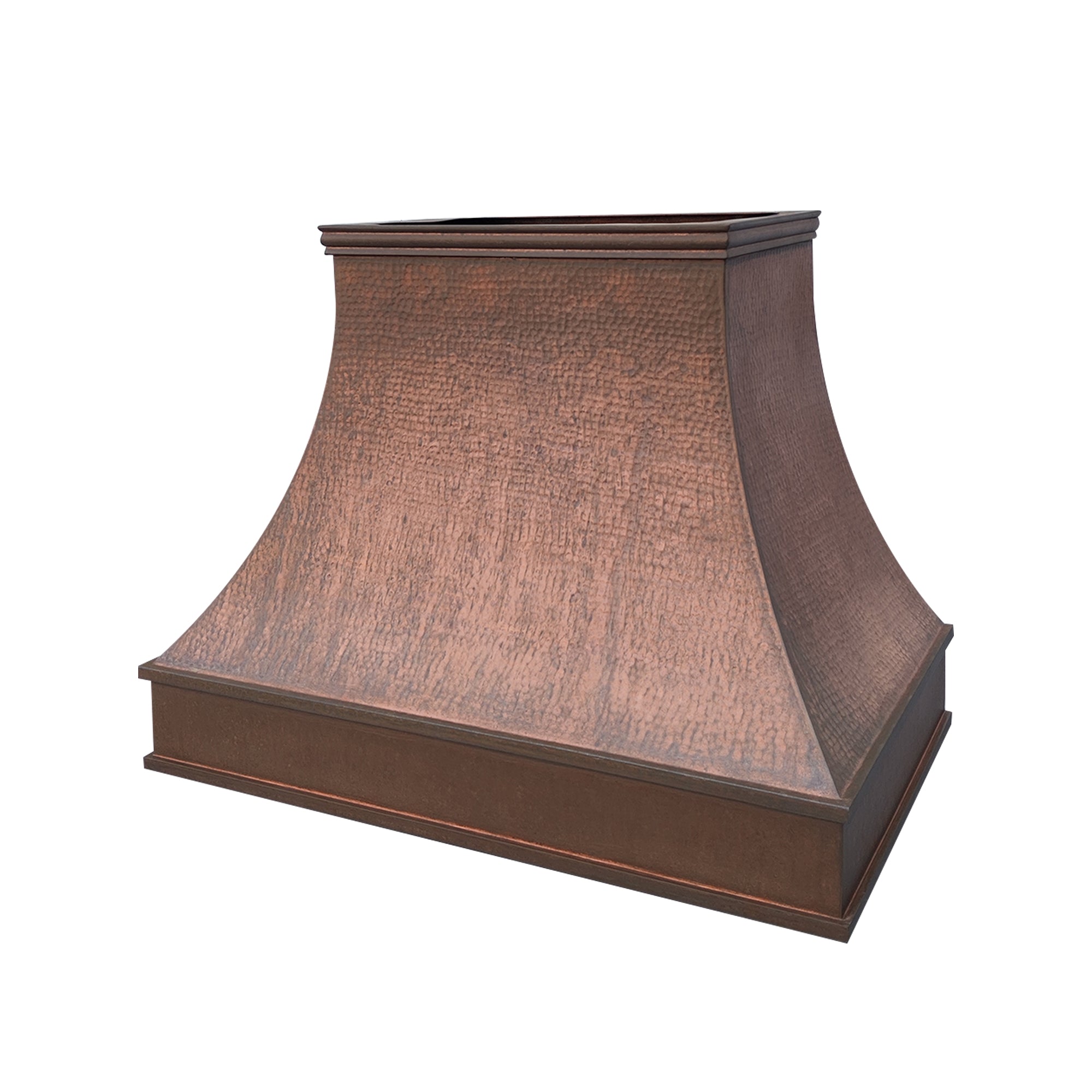 CKH hammered copper range hood with a curved silhouette serves as a stylish centerpiece in a modern kitchen