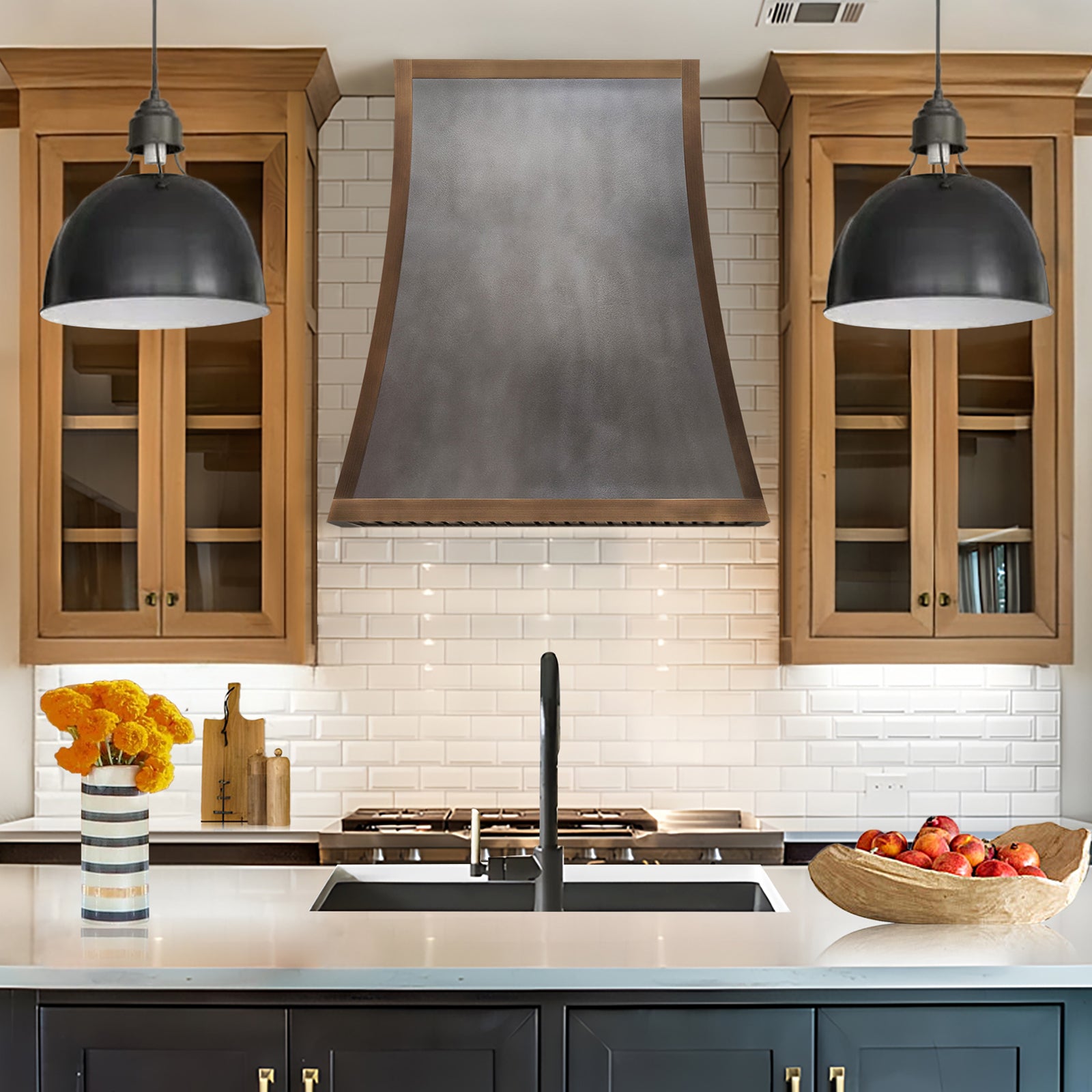 CKH vintage zinc range hood with brass accents, showcasing classic kitchen ventilation design.