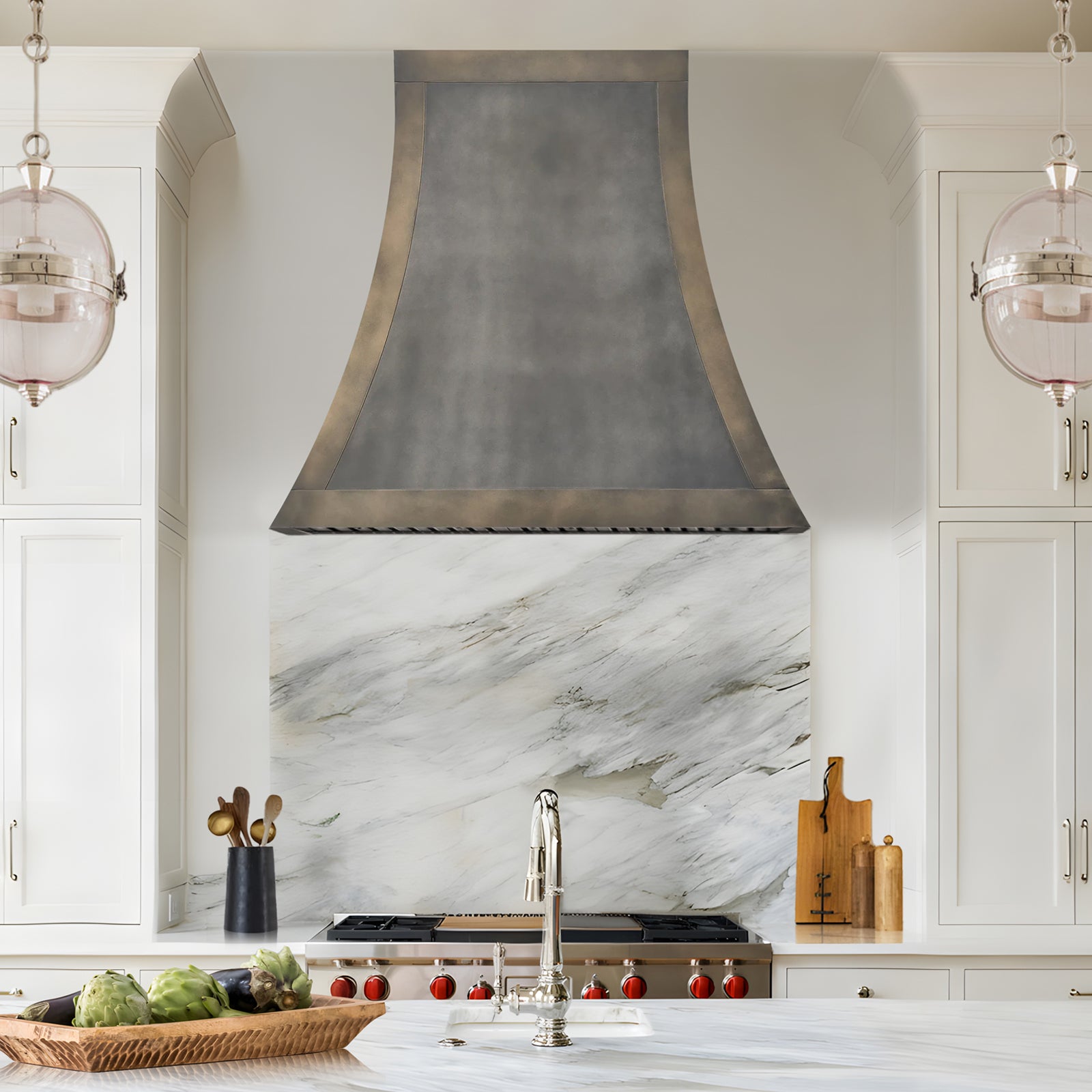 CKH vintage zinc range hood with bronze accents, showcasing timeless vintage kitchen ventilation design.