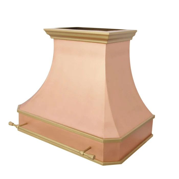 a wall mount copper kitchen range hood with brass trim