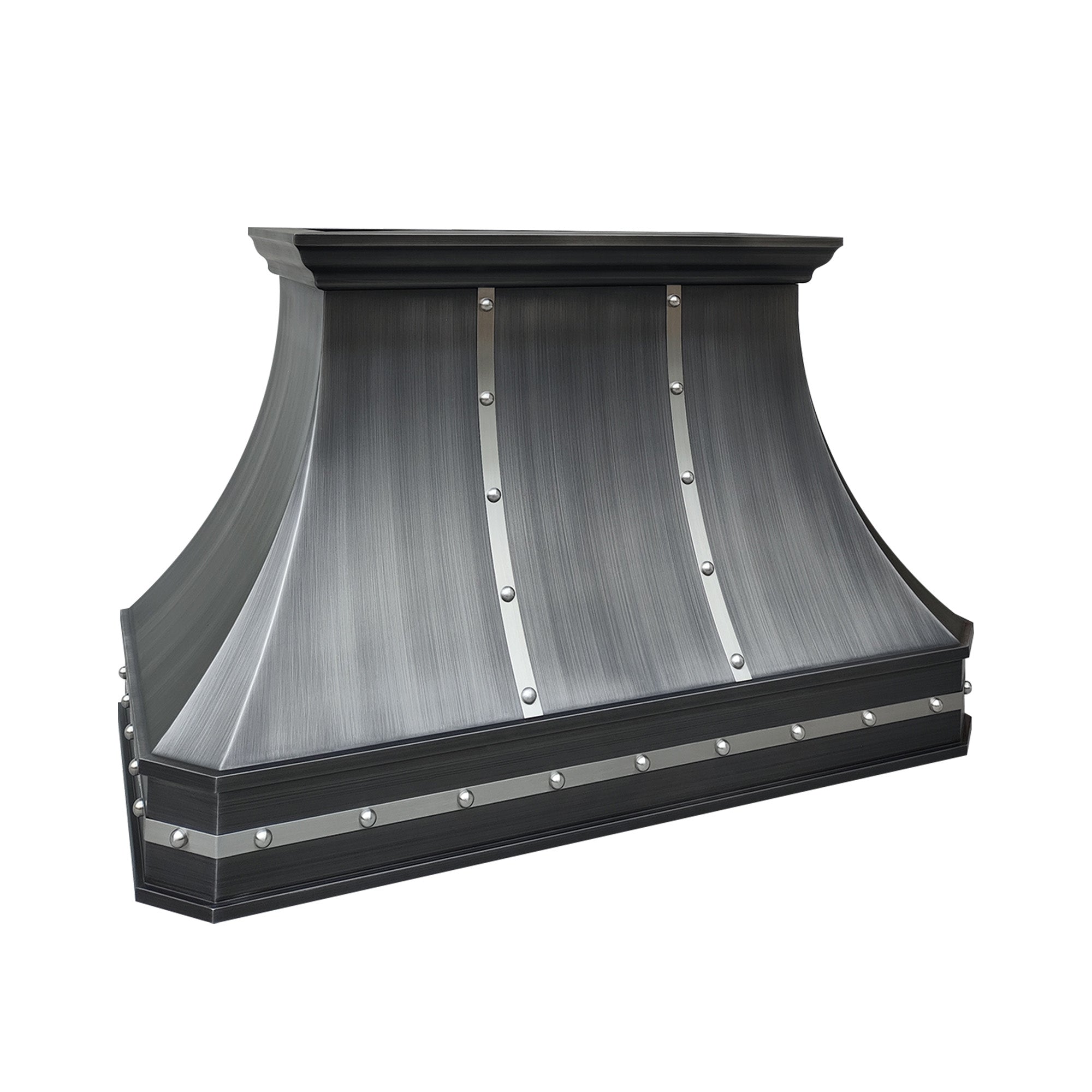 CKH zinc kitchen hood (Z12) featuring a brushed finish, rivet detailing, and an industrial-inspired curved silhouette for bold kitchen style.