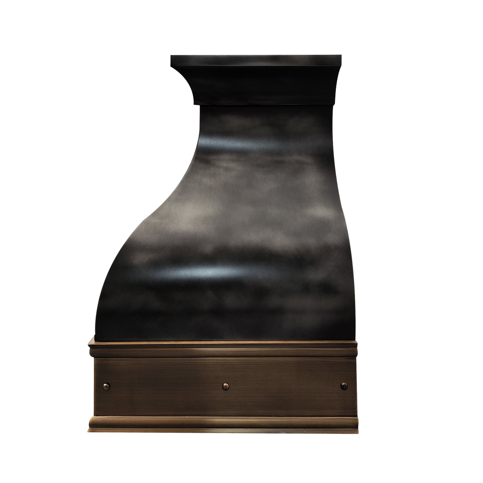 CKH zinc kitchen vent hood featuring a dark textured finish, brass rivet accents, and a curved vintage-industrial silhouette.