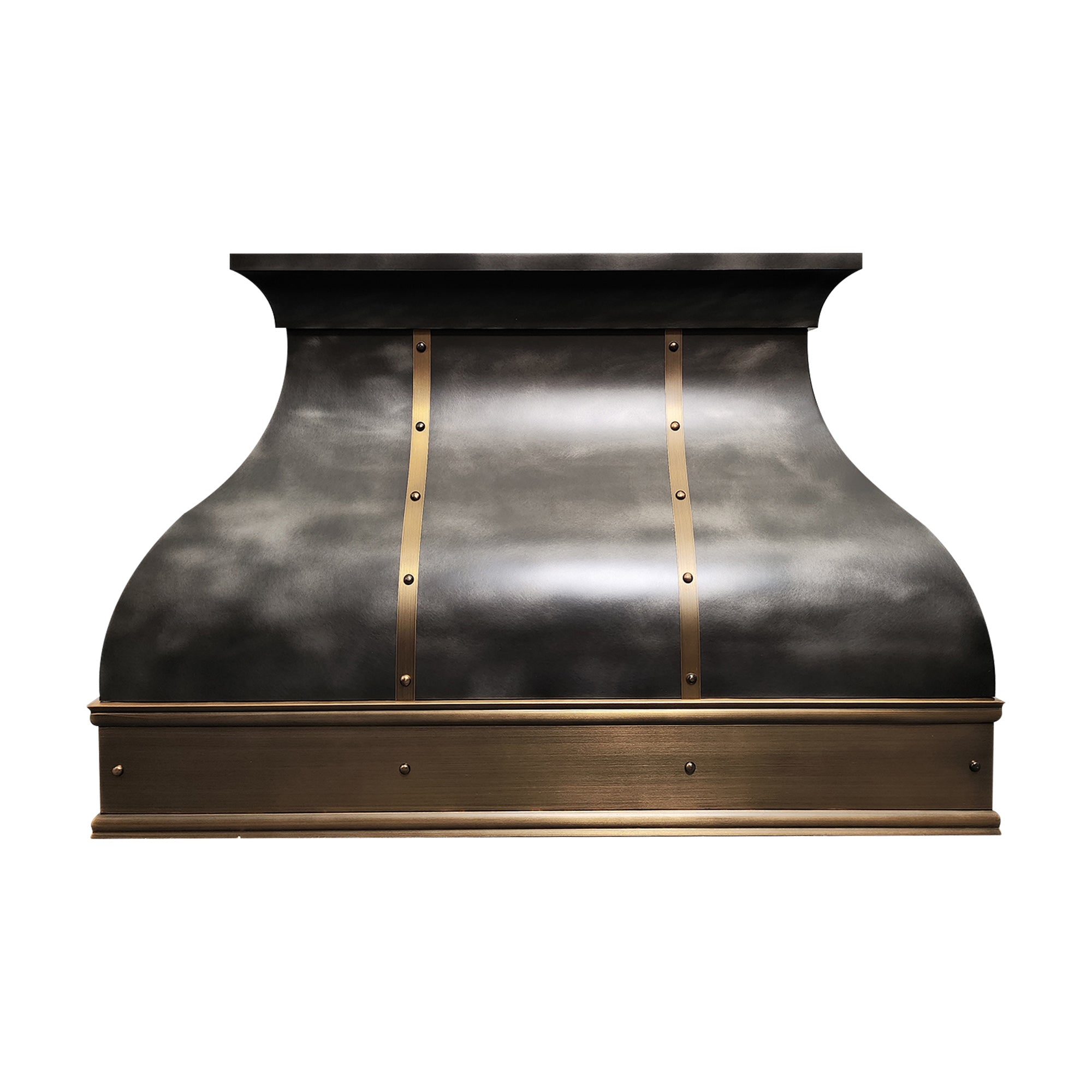 CKH zinc kitchen vent hood featuring a dark textured finish, brass rivet accents, and a curved vintage-industrial silhouette.