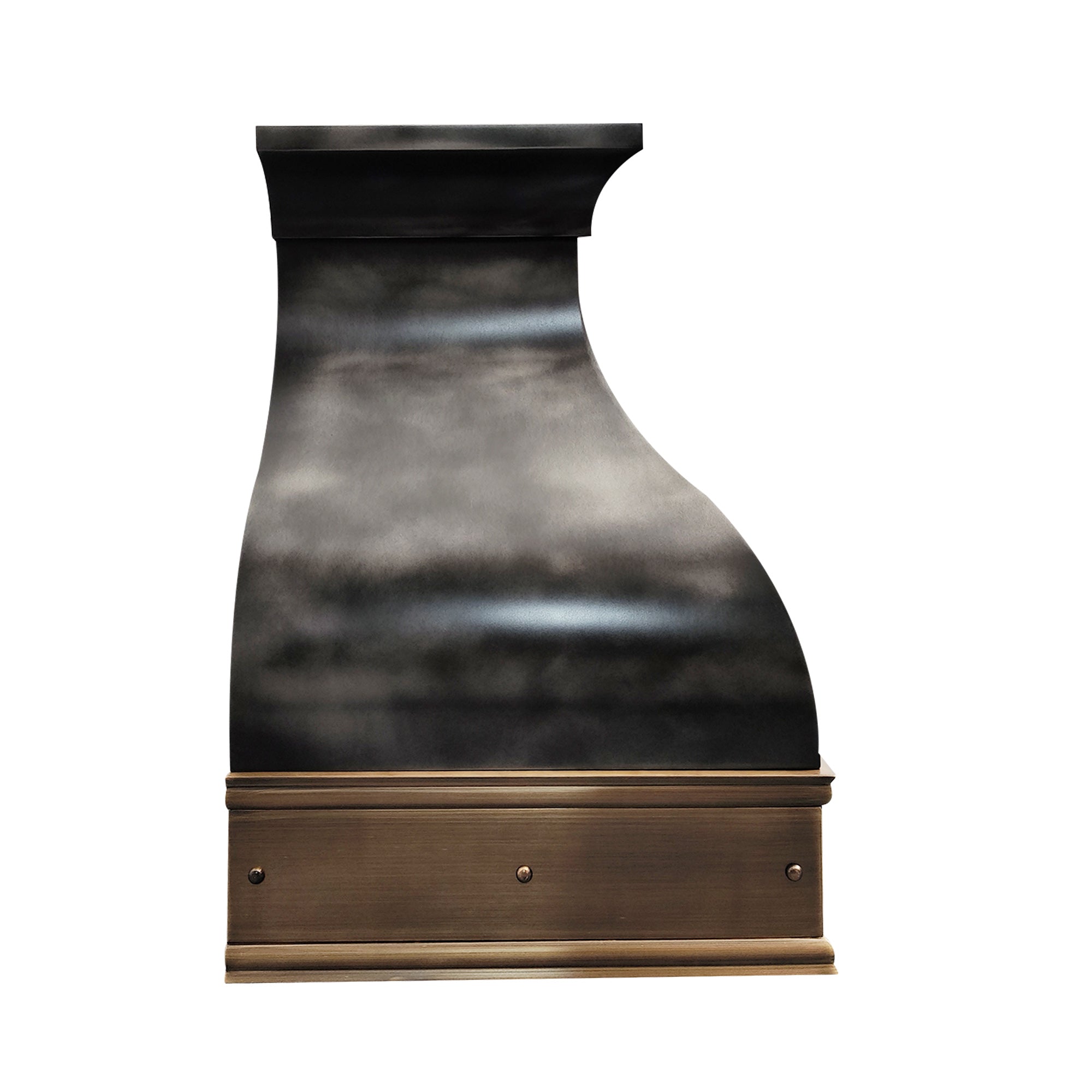 CKH zinc kitchen vent hood featuring a dark textured finish, brass rivet accents, and a curved vintage-industrial silhouette.
