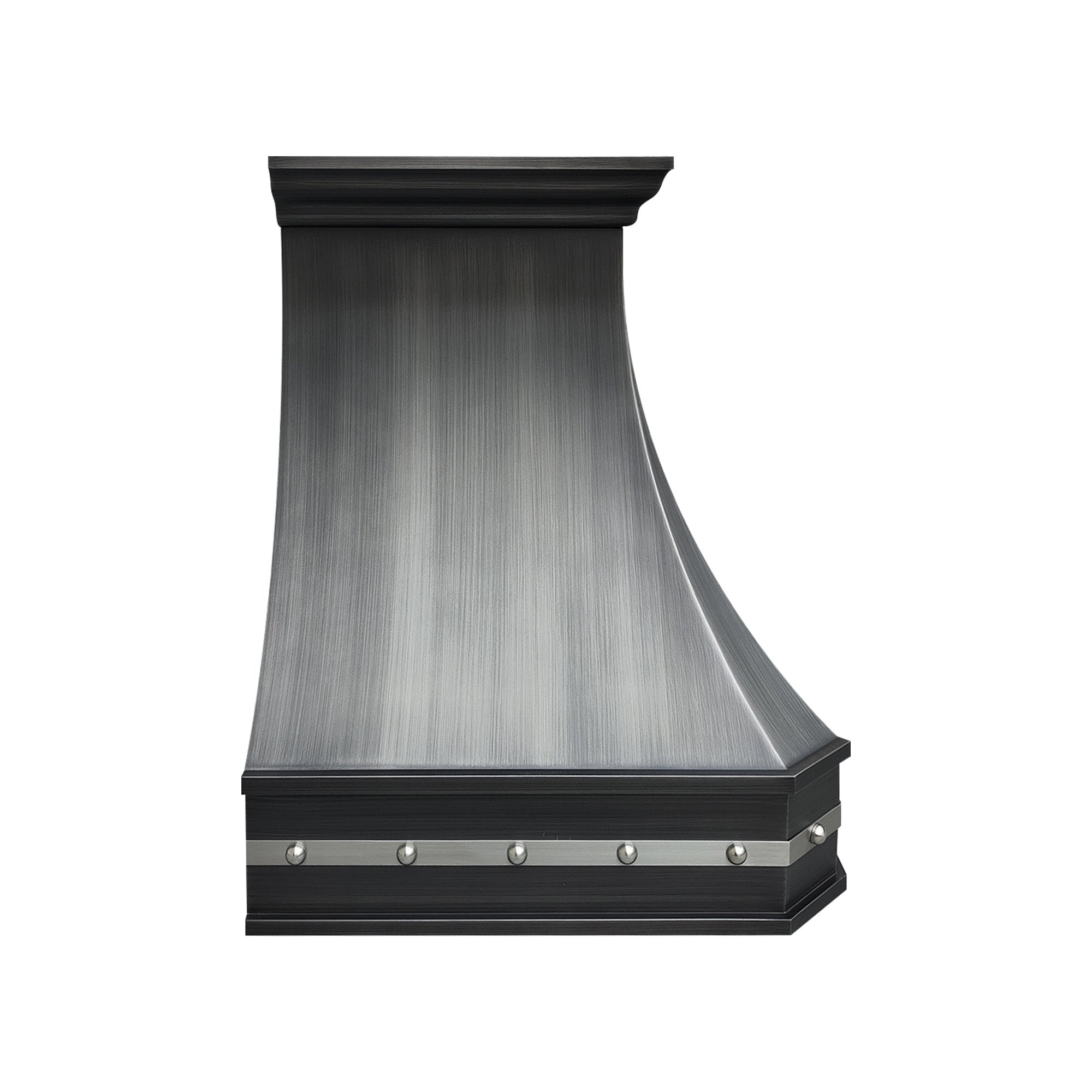 CKH zinc kitchen hood (Z12) featuring a brushed finish, rivet detailing, and an industrial-inspired curved silhouette for bold kitchen style.