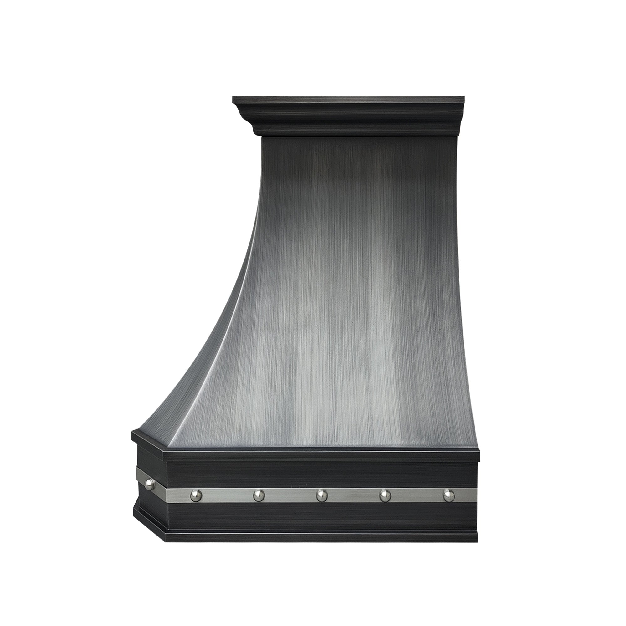 CKH zinc kitchen hood (Z12) featuring a brushed finish, rivet detailing, and an industrial-inspired curved silhouette for bold kitchen style.