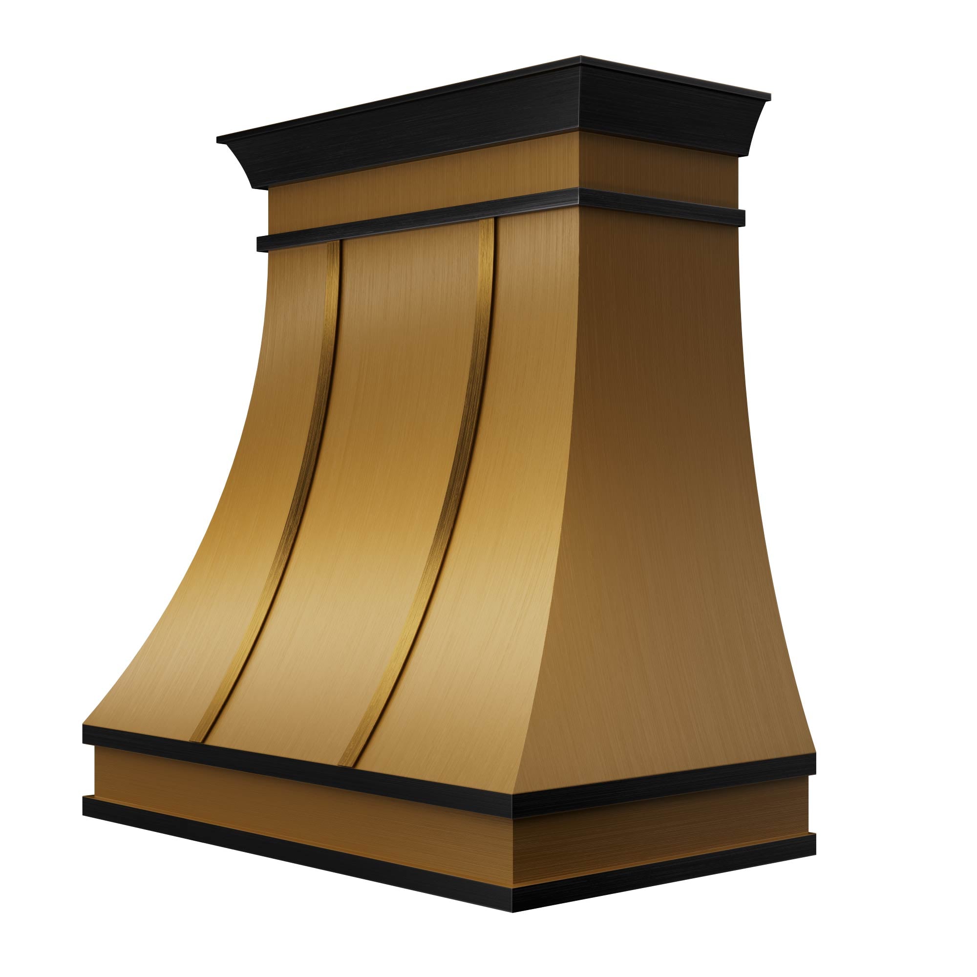 Decorative wall-mounted hood with gold and black design matte black trim range hood