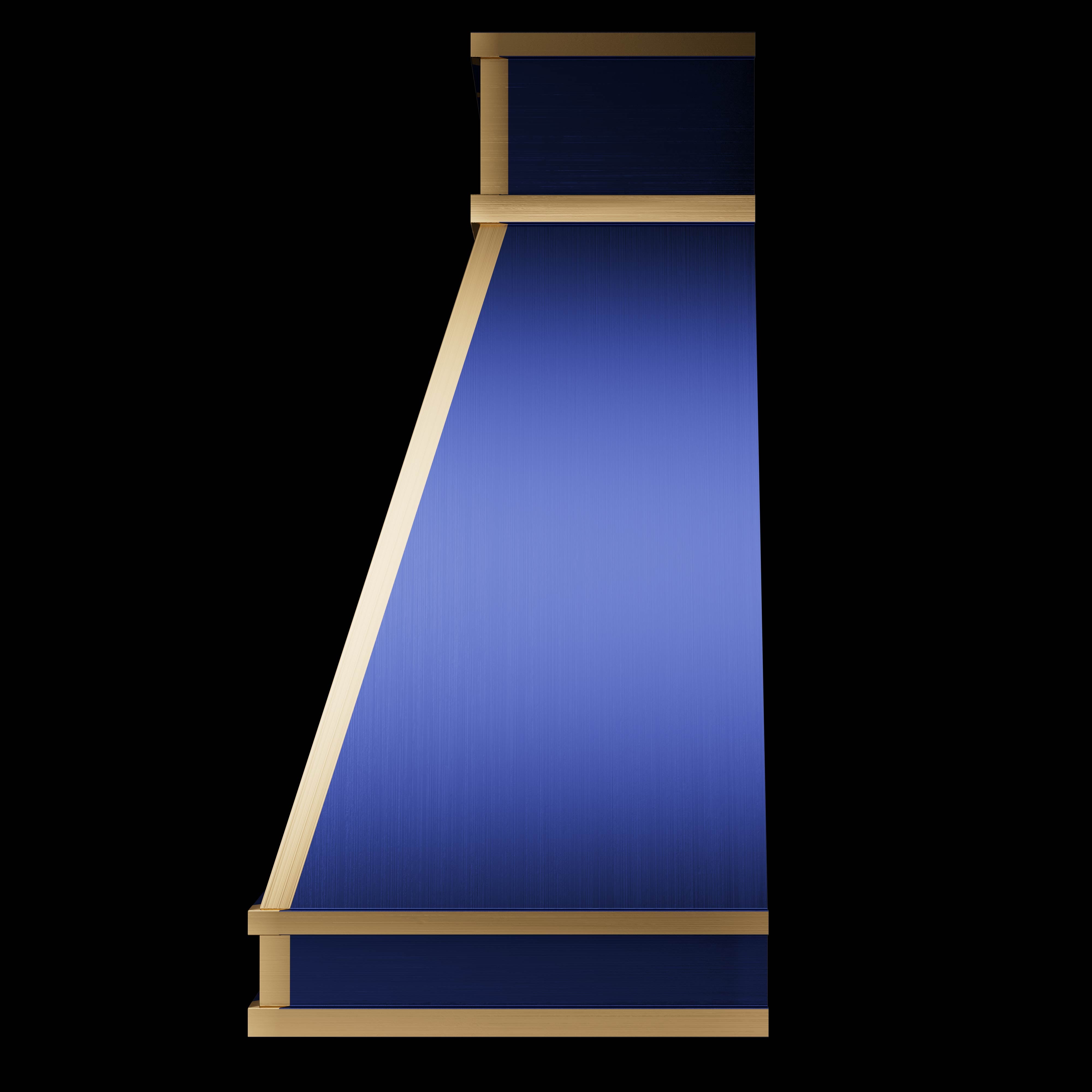 Blue diving board stainless steel range hood with gold accents, elevating kitchen luxury and performance