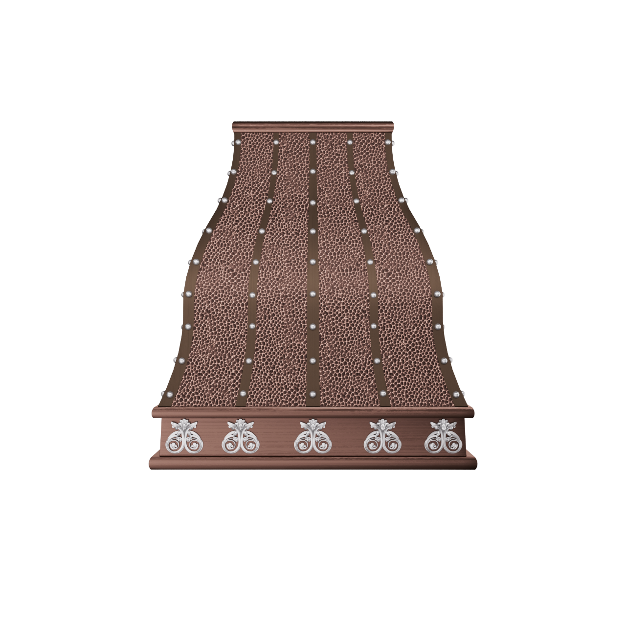 Curved waist handcrafted hammered copper range hood with silver rivets & ornate base, designed for artisan style kitchens
