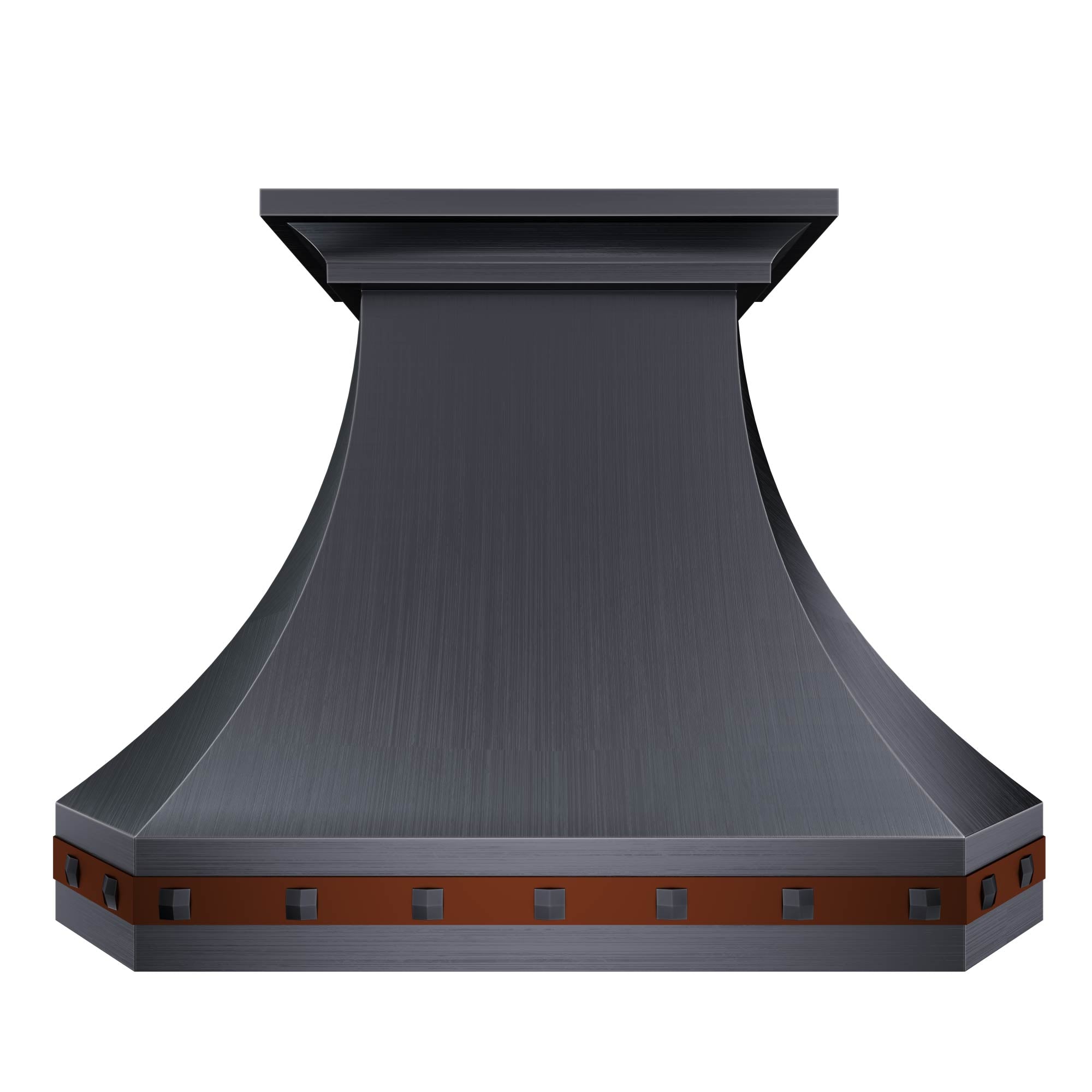 Artisan made curved waist stainless hood with brown rivet accents elevating kitchen character