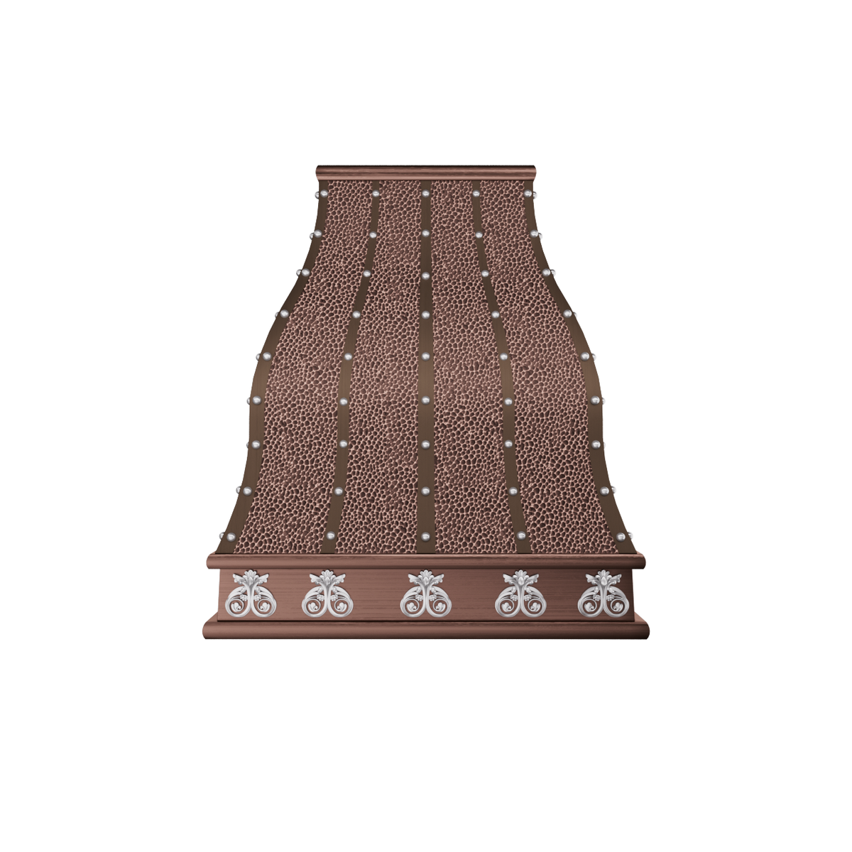CKH handcrafted hammered copper range hood with rivets & ornate apron for artisan style kitchens
