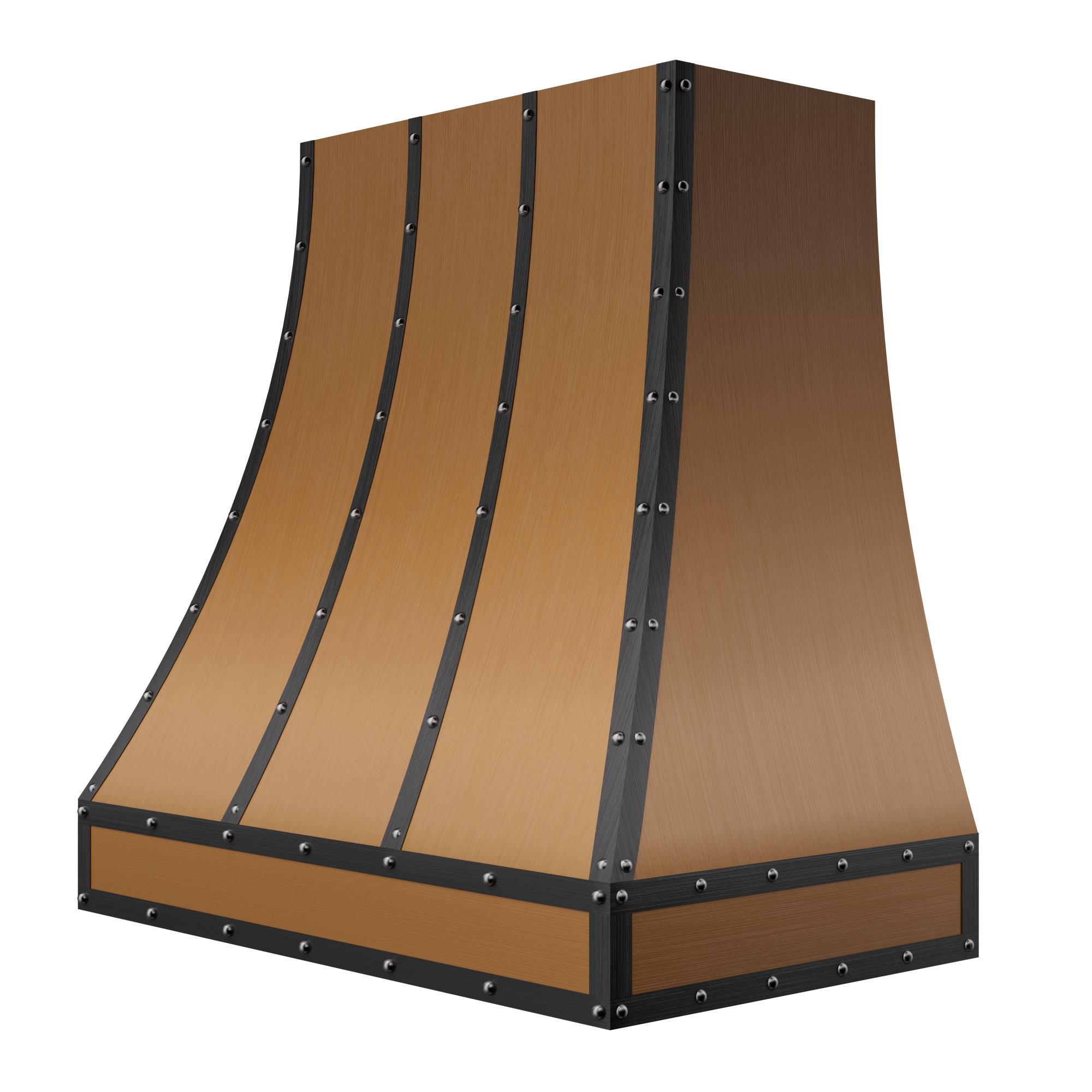 brass range hood with black metal straps, ideal for industrial - style kitchens