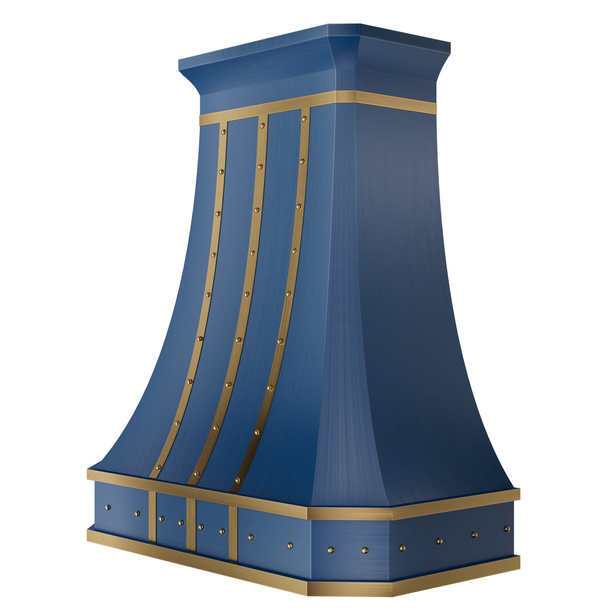 Modern blue stainless steel range hood with distinctive gold straps and rivet accents, engineered to deliver performance