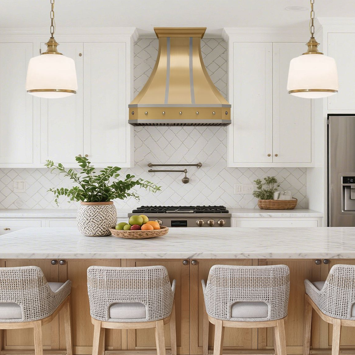 luxury curved brass stove hood vent with elegant straps and rivets