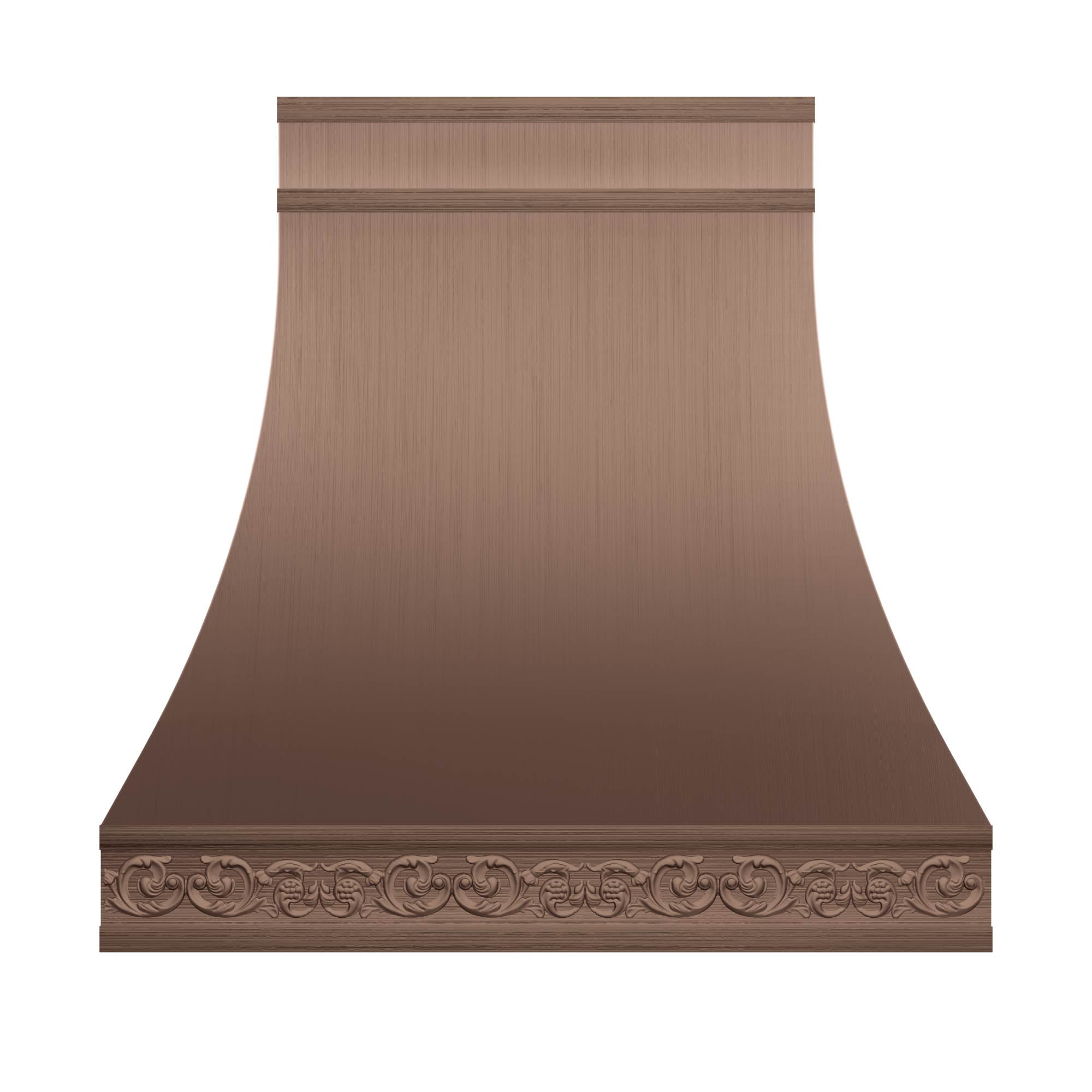 Curved copper range hood with a sleek brushed finish, ideal for modern kitchens featuring wooden cabinetry, marble