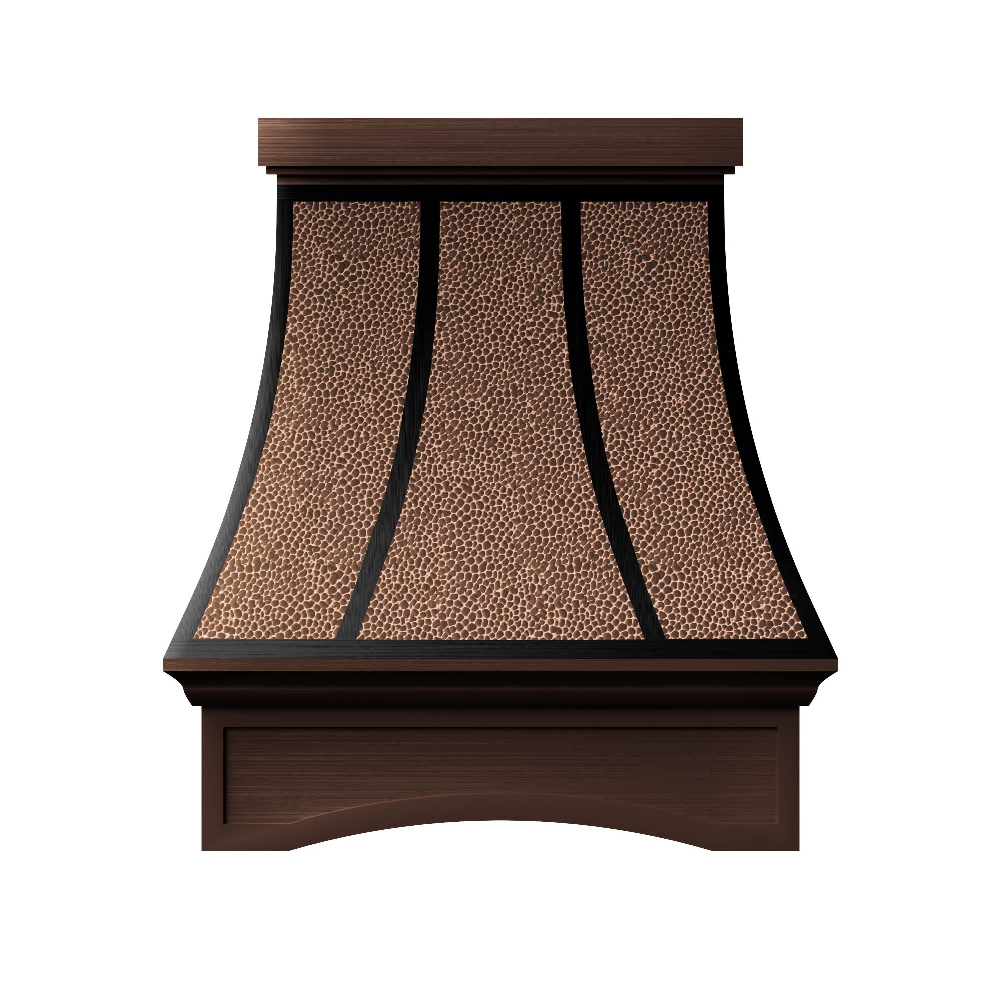 Hammered copper range hood with dark trim, ideal for kitchens featuring wooden cabinetry,countertops, and vintage