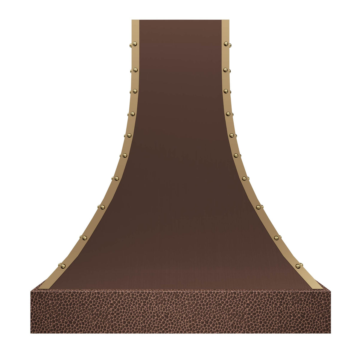 kitchen copper range hood with brass rivets, featuring a textured hammered base to elevate kitchen edge