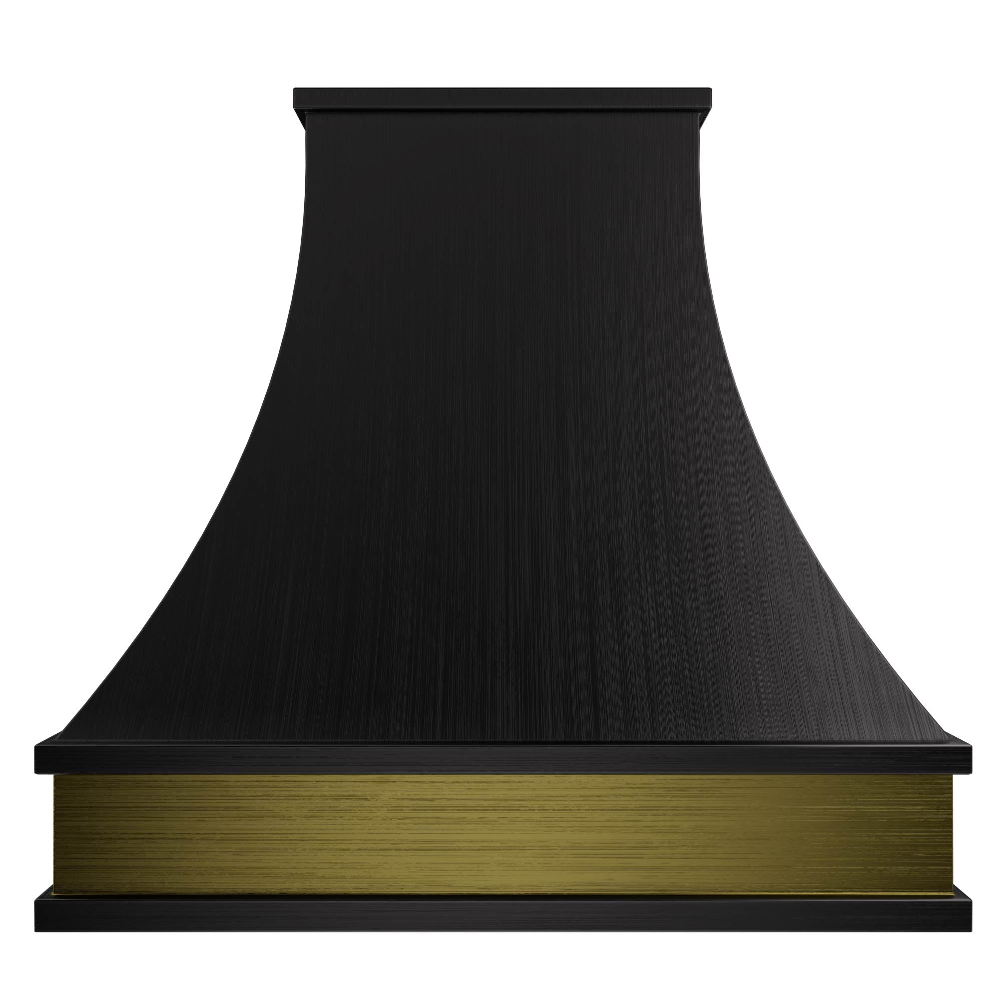 Artisan - made curved black stainless steel range hood with durable gold trim, ideal for modern - luxury kitchens