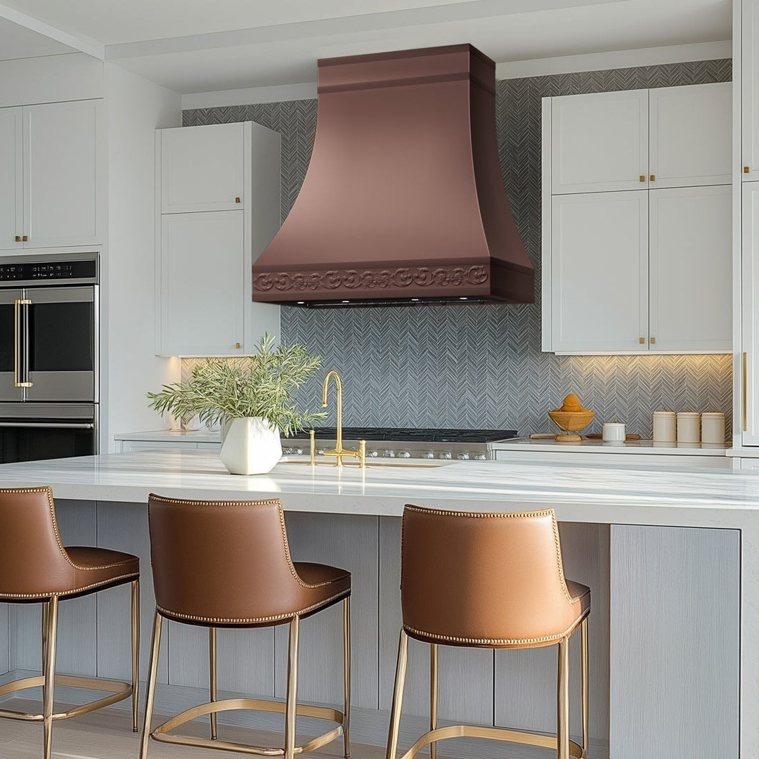 Brushed copper range hood with a curved design, fitting kitchens that pair copper elements, dark wooden cabinetry