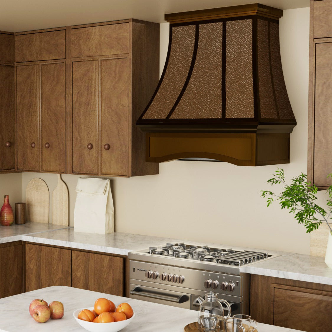 Hammered copper range hood with dark trim and curved design, suited for kitchens with wooden cabinets