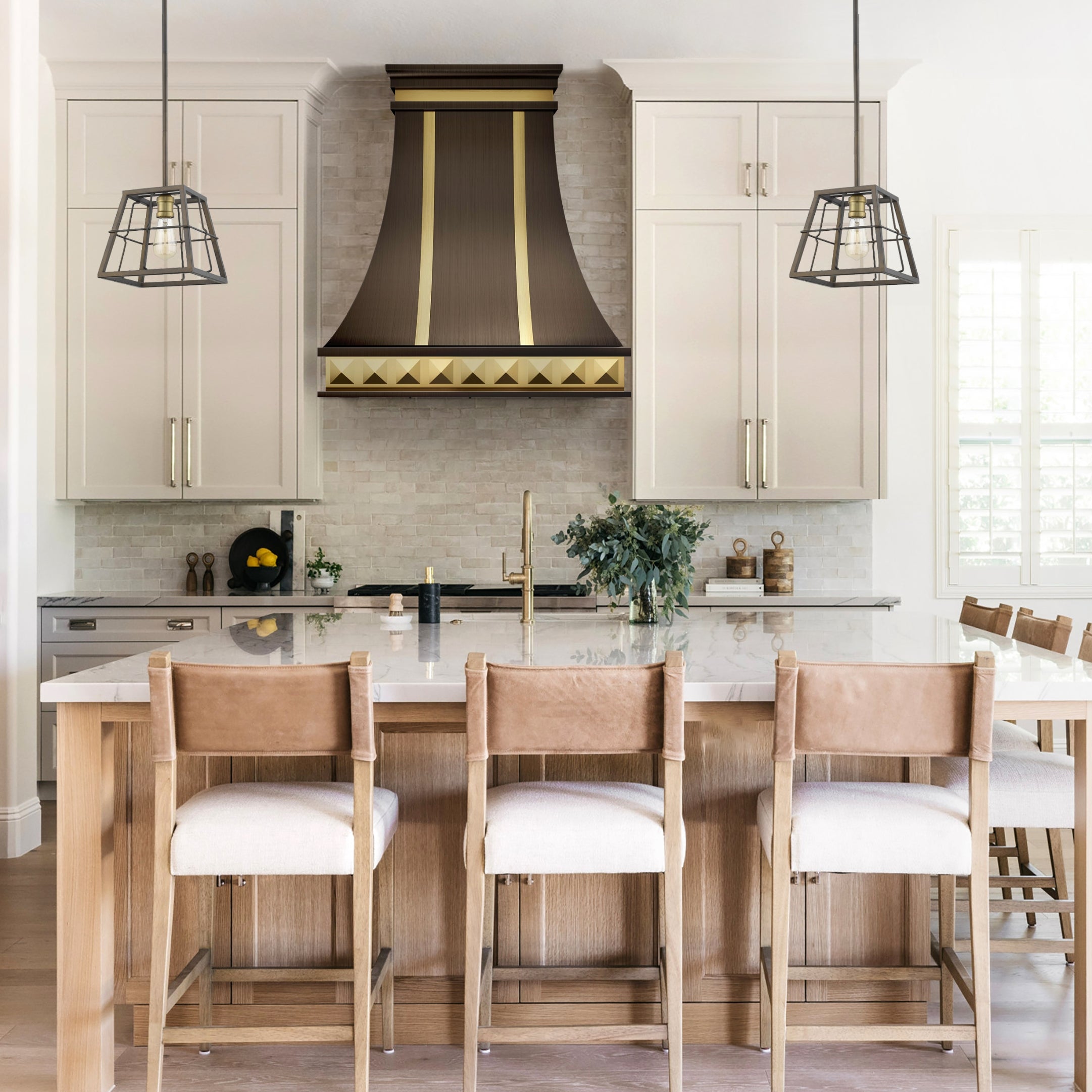 a curved stainless steel range hood featuring gold - trimmed vertical strips and a geometric gold base design, ideal for adding a luxurious, vintage