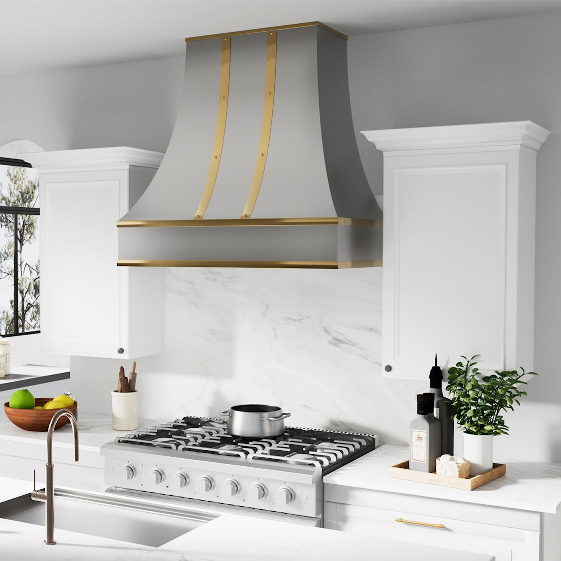 stainless steel range hood featuring a curved silhouette, gold metal trim accents, and rivet detailing, ideal for adding a luxurious touch to kitchens.