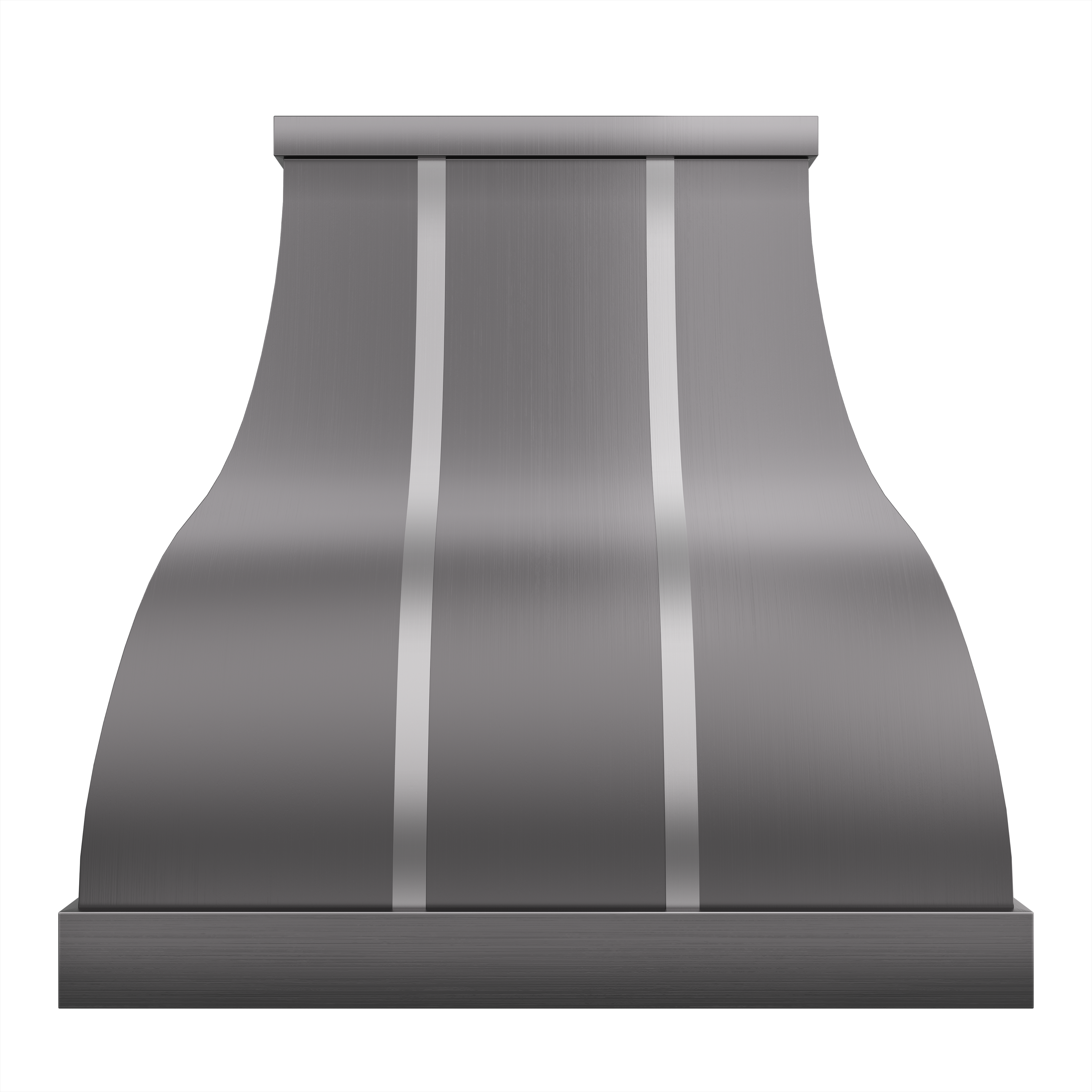 Curved stainless steel range hood with silver stripes, 3D rendered as CKH - S03.