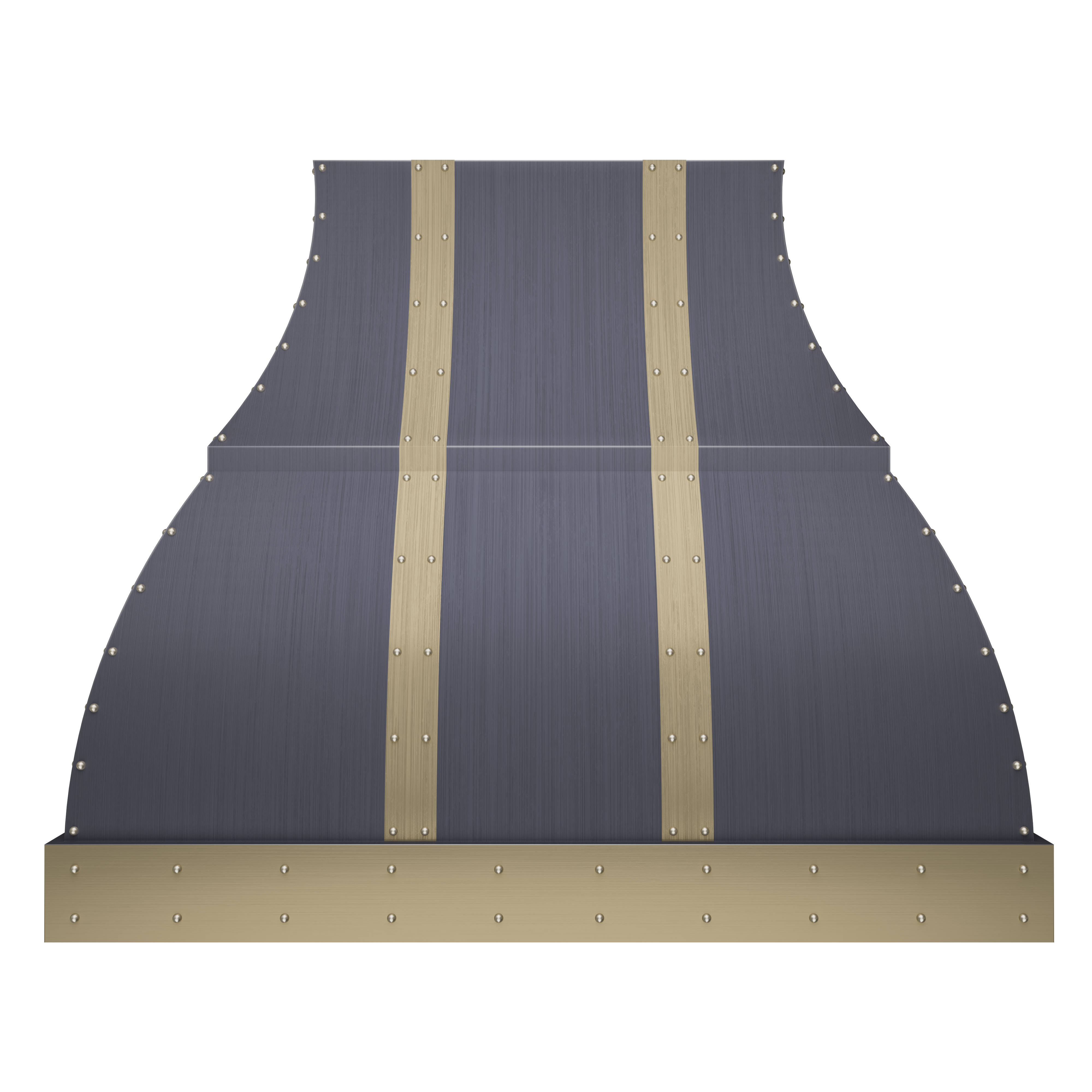stainless steel range hood with gold-accented rivets and brushed finish for modern industrial-style kitchens