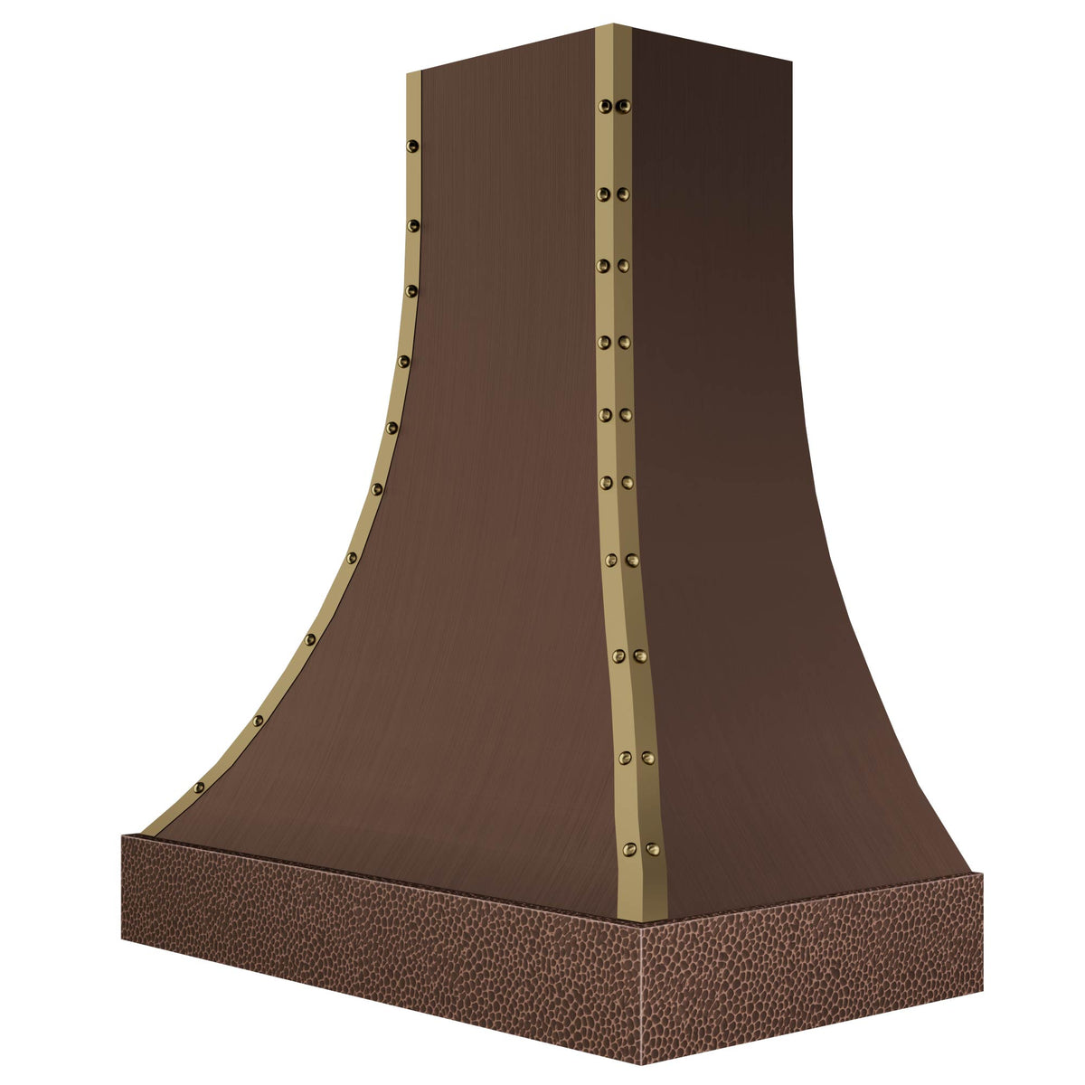 custom antique copper kitchen hood with gold rivet trim, featuring a textured hammered base to elevate kitchen edge