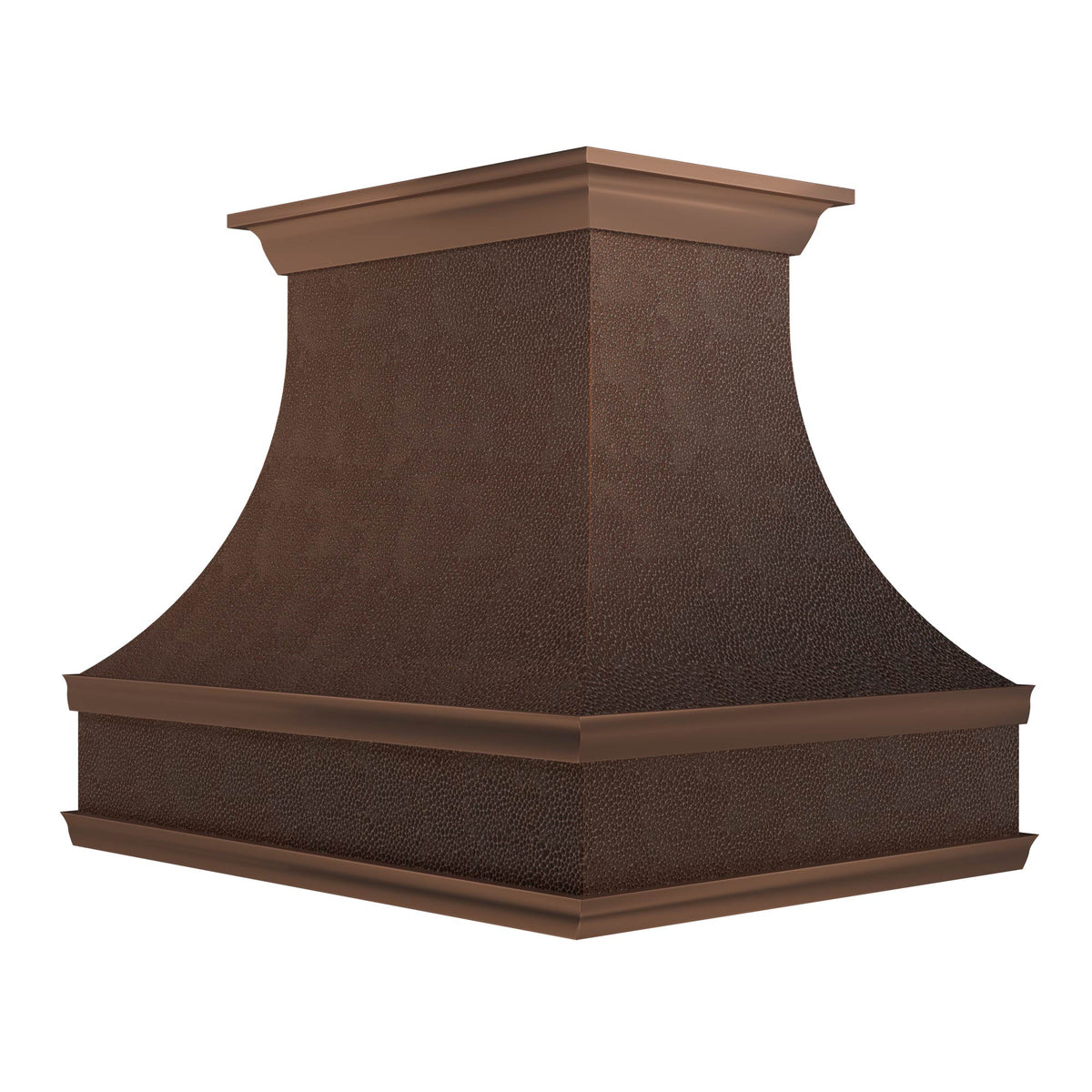 Angled view of the CKH-C04 hammered vintage copper range hood highlighting its shaped profile and decorative edging