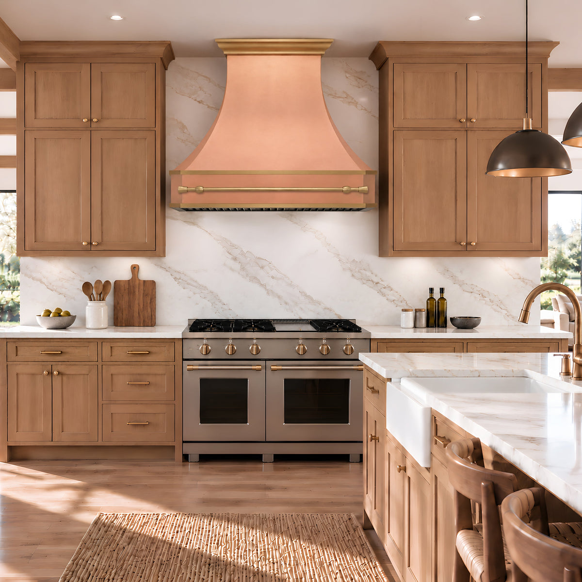 custom wall mount copper range hood in a odern kitchen
