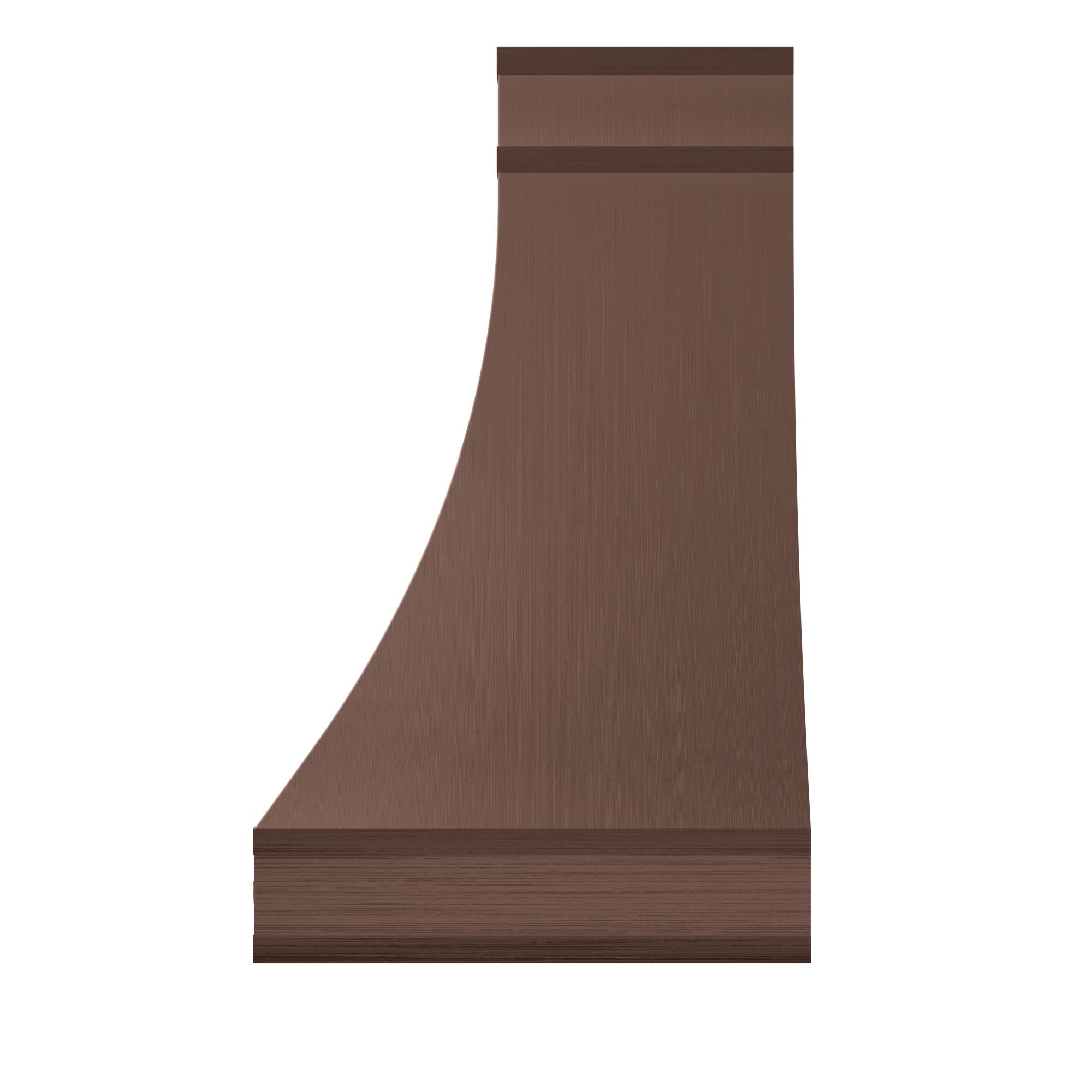 Brushed copper range hood with a curved silhouette, perfect for contemporary kitchens that pair stainless steel appliances
