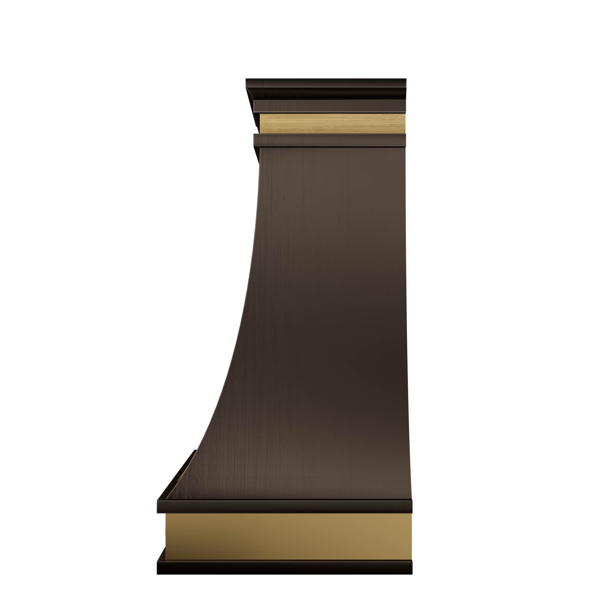 Contemporary stainless steel range hood with gold vertical accents and a geometric gold base, designed to elevate kitchen aesthetics