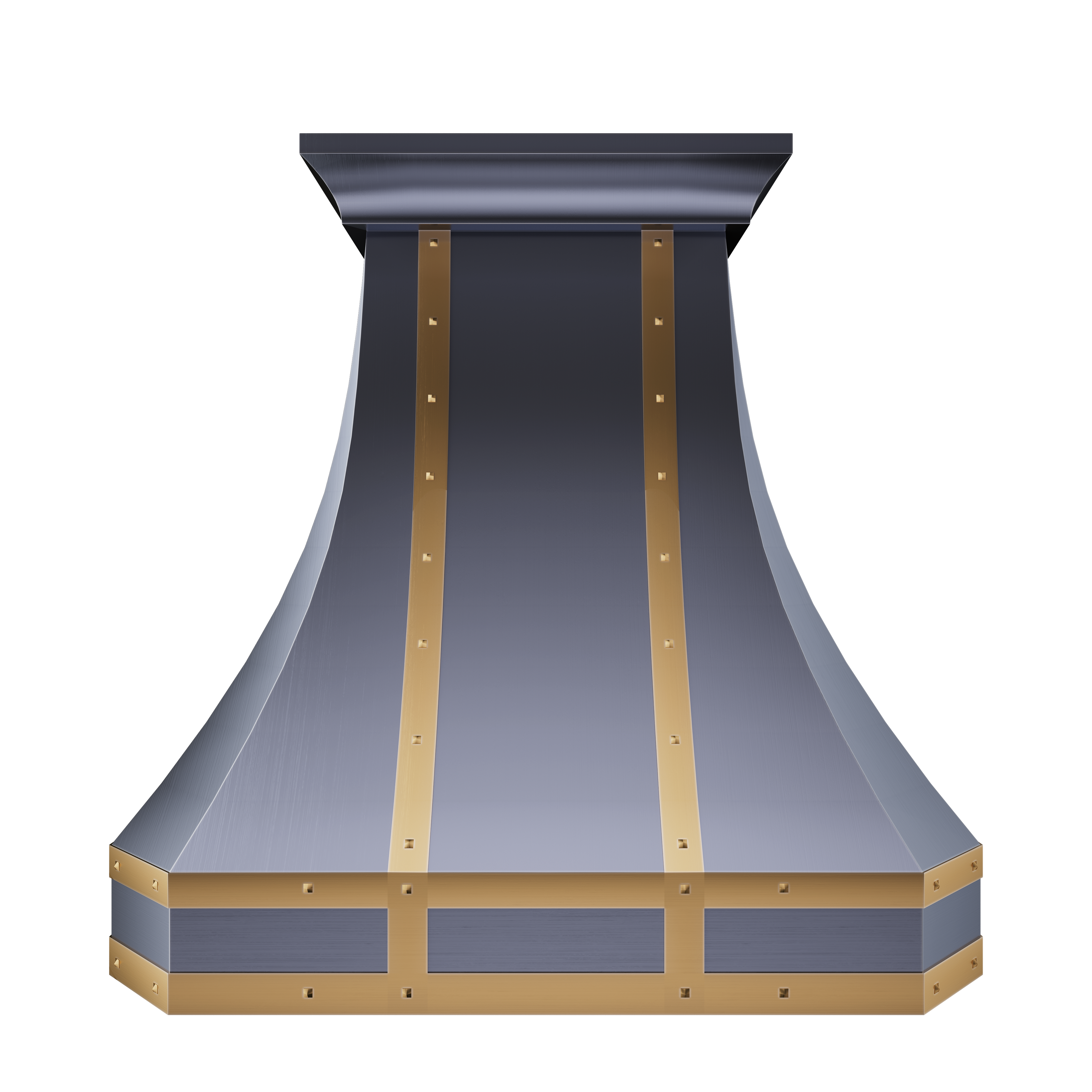 Artisan - made curved stainless steel range hood with gold accents, elevating modern kitchen aesthetics and performance
