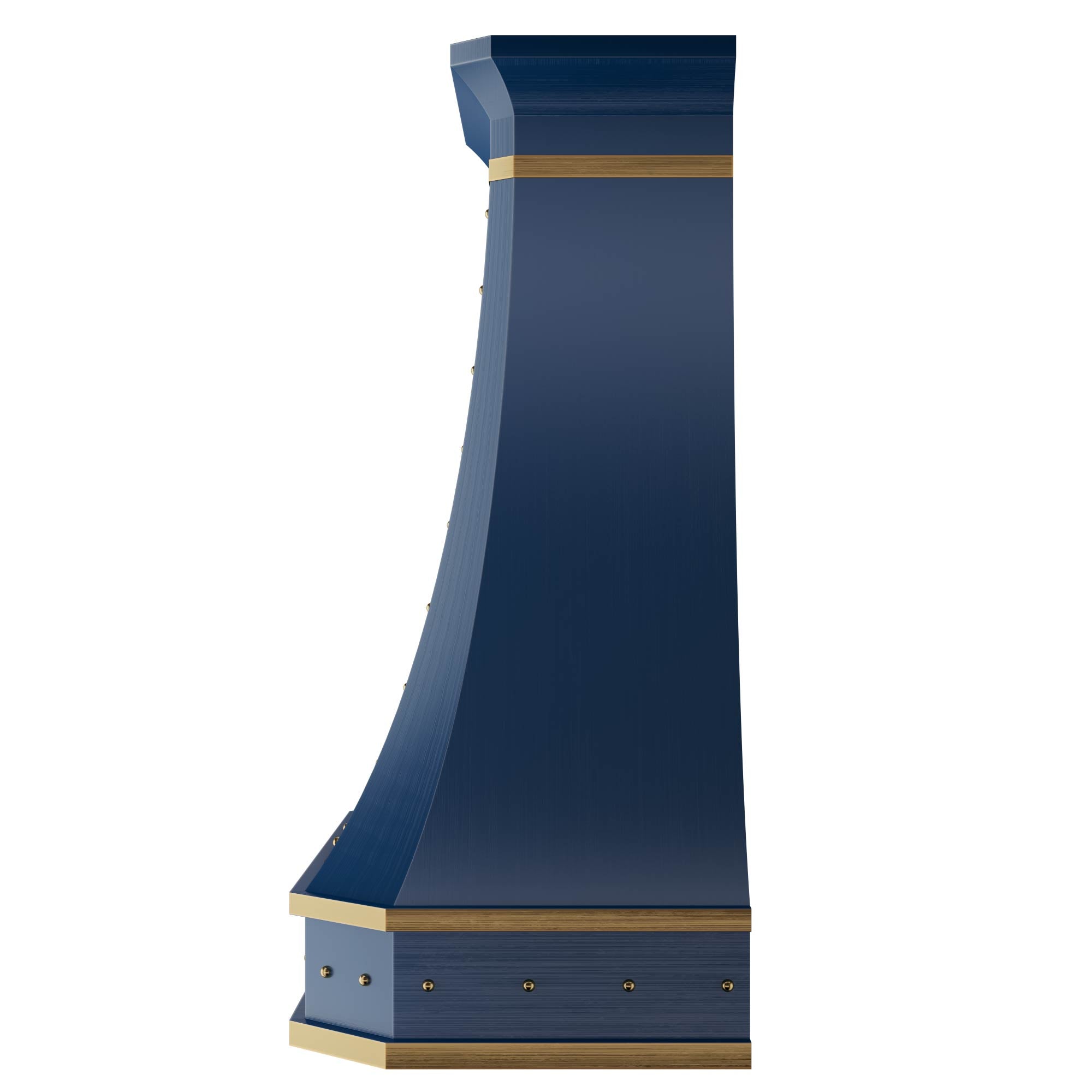 Contemporary blue stainless steel range hood featuring gold vertical straps, rivets, and a polished finish