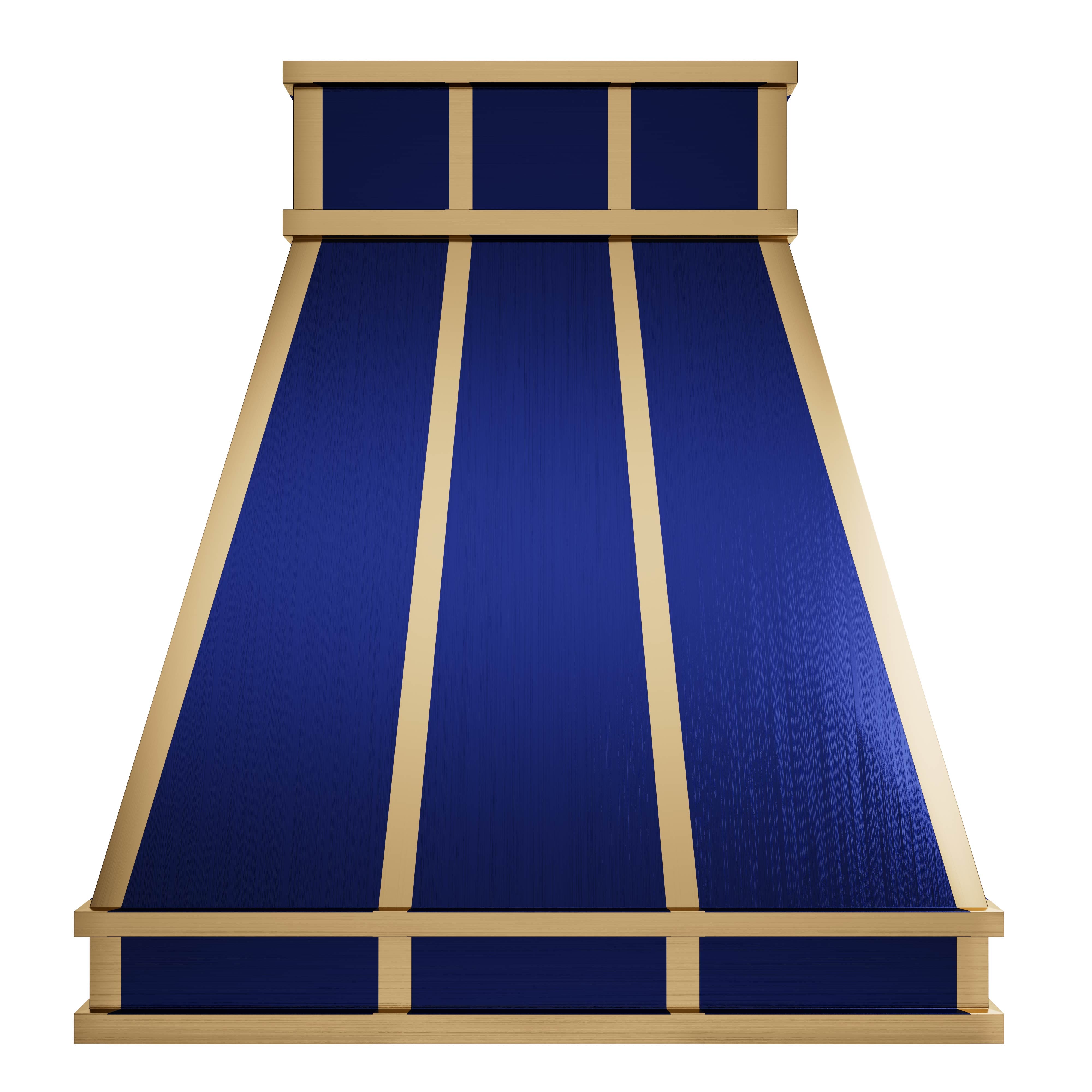 Blue - finish stainless steel range hood with gold accents, elevating kitchen luxury and performance