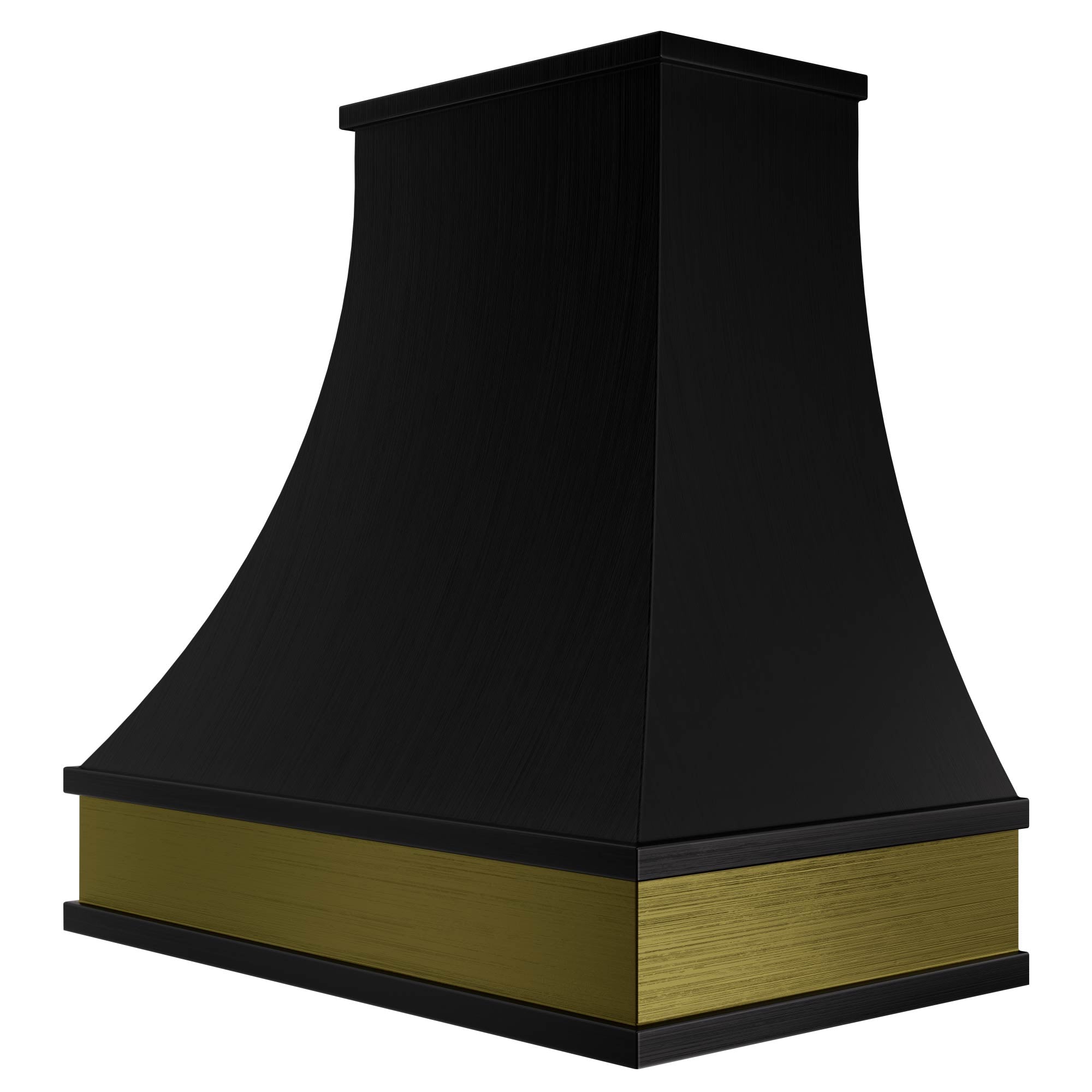 Artisan - made curved black stainless steel range hood with durable gold trim, ideal for modern - luxury kitchens