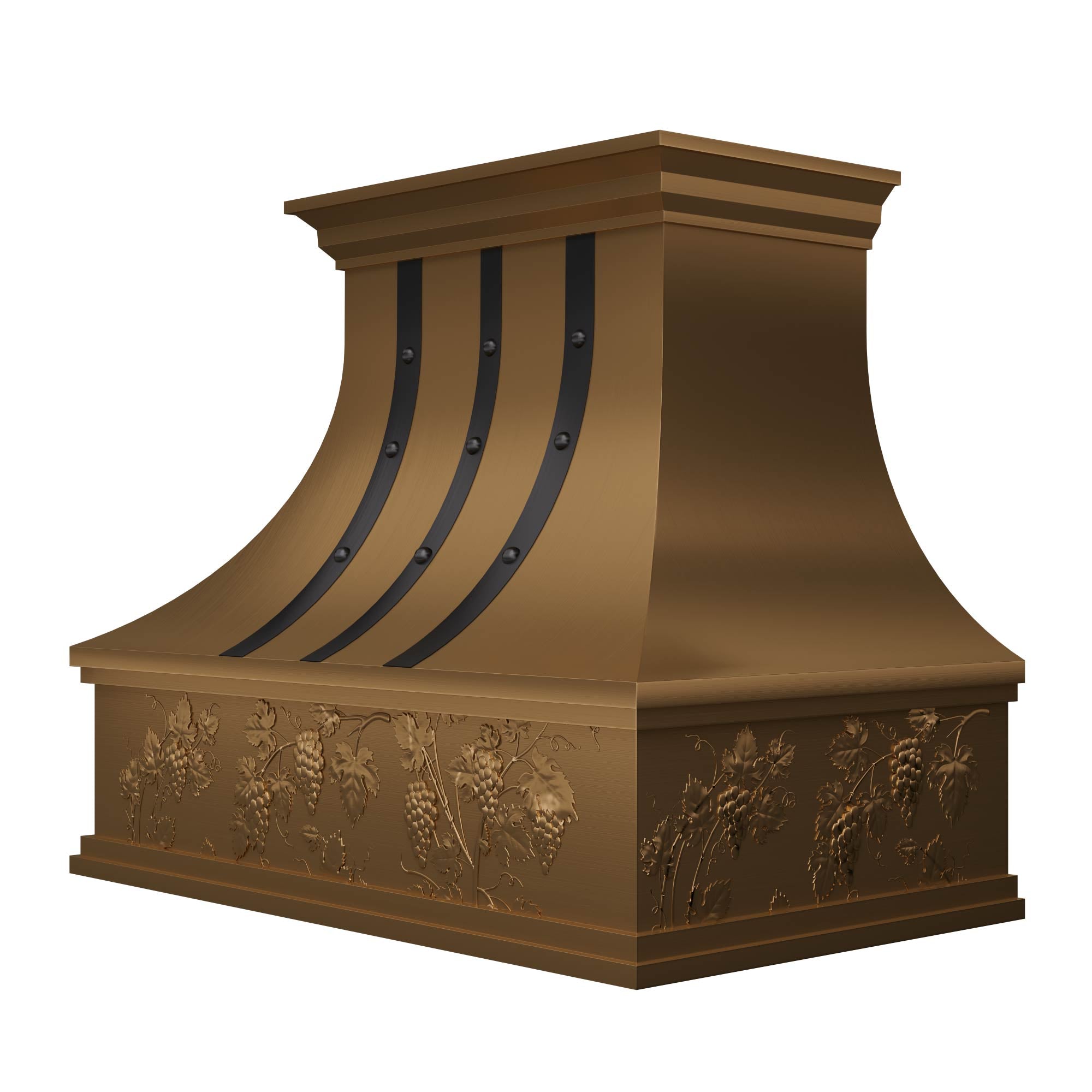 Bronze Curved - waist copper range hood with riveted black stripes & grapevine - relief base, perfect for wine - inspired interiors