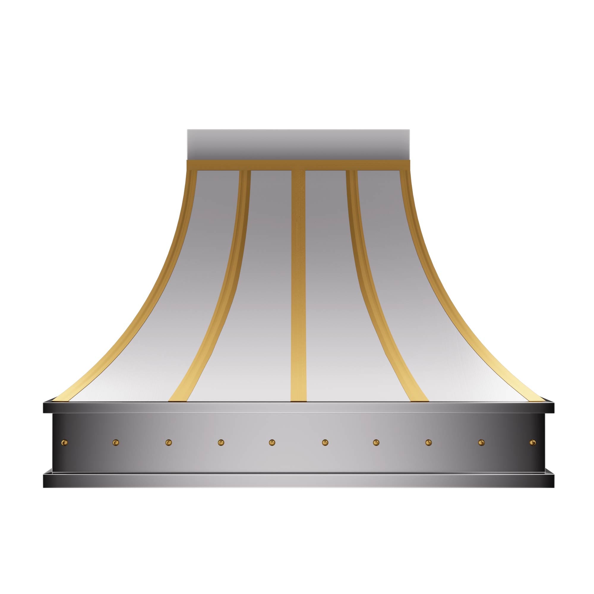 modern kitchen range hood with brass straps and rivets