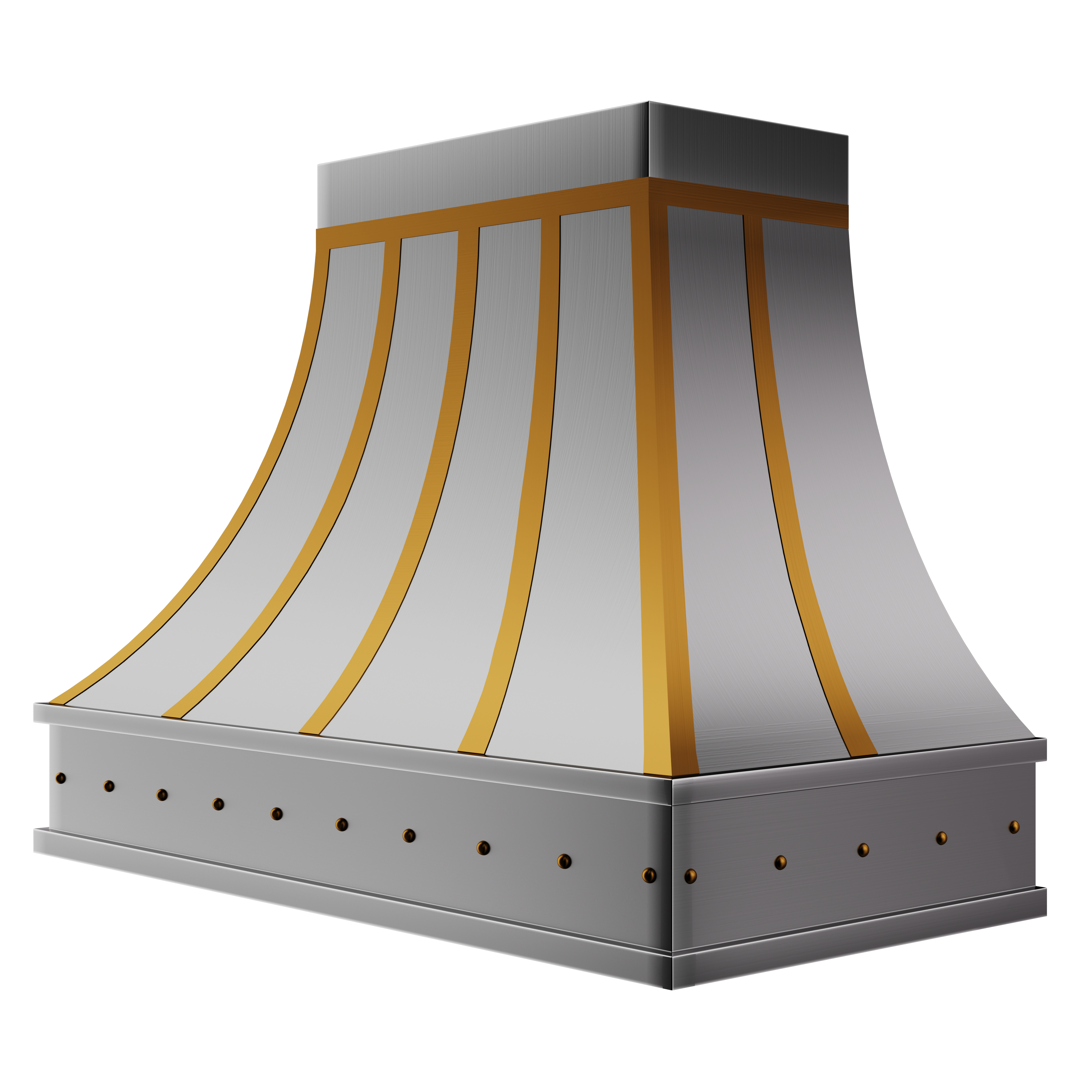 Silver range hood with gold accents on a white background