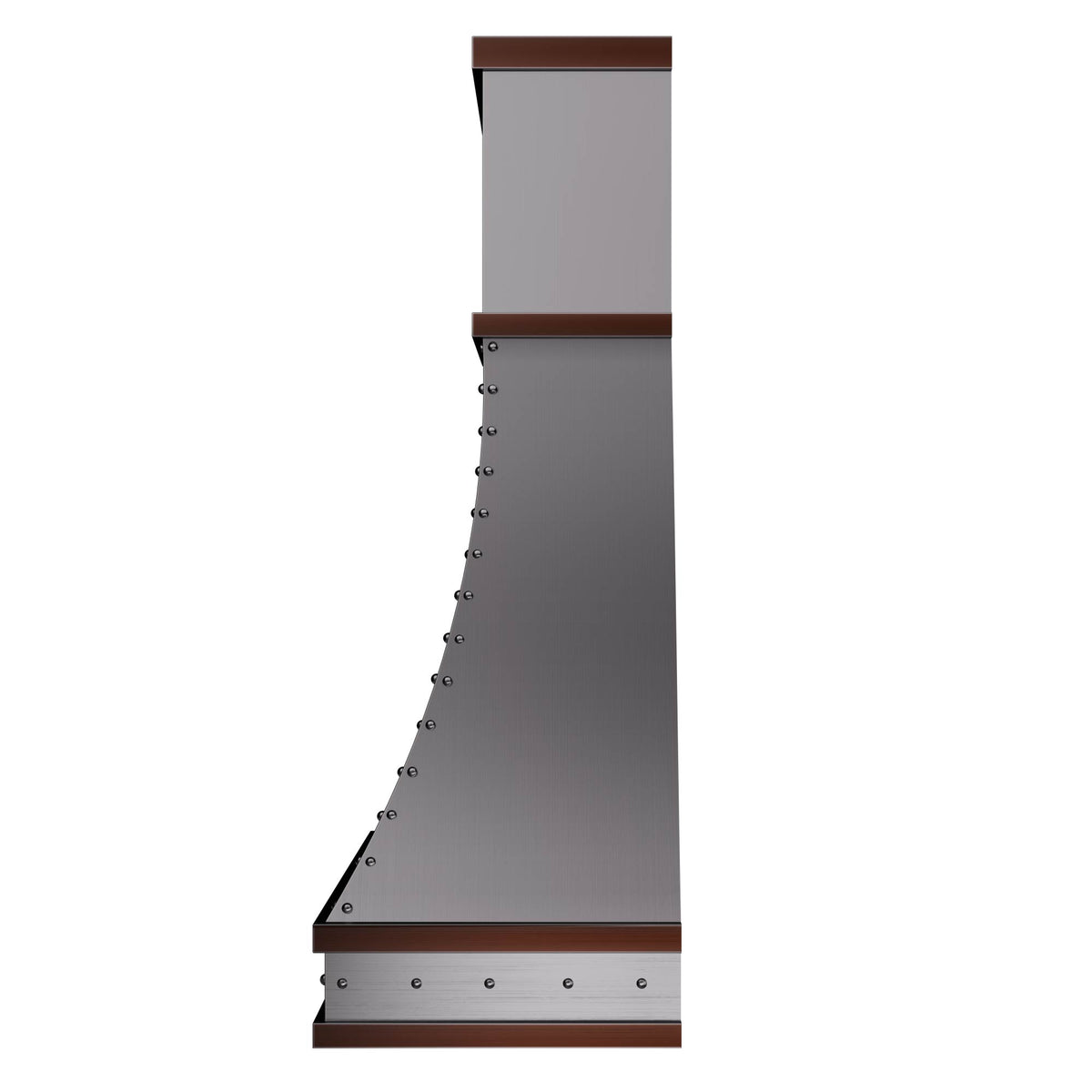 stainless steel range hood with copper trim and round rivets, designed for industrial - chic kitchens (CKH - S07)