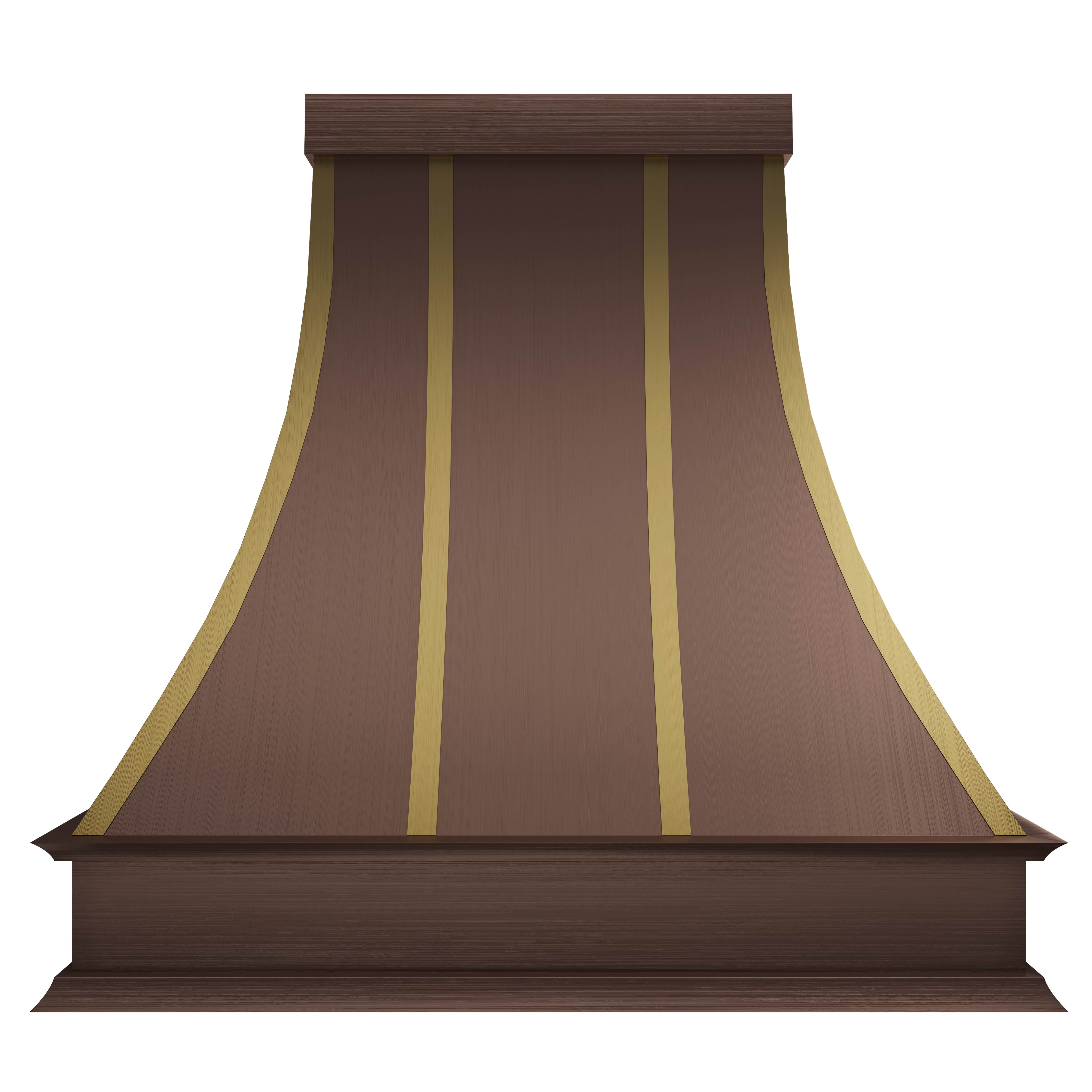 Artisan made curved waist copper hood with gold accents, enhancing home interior design harmony