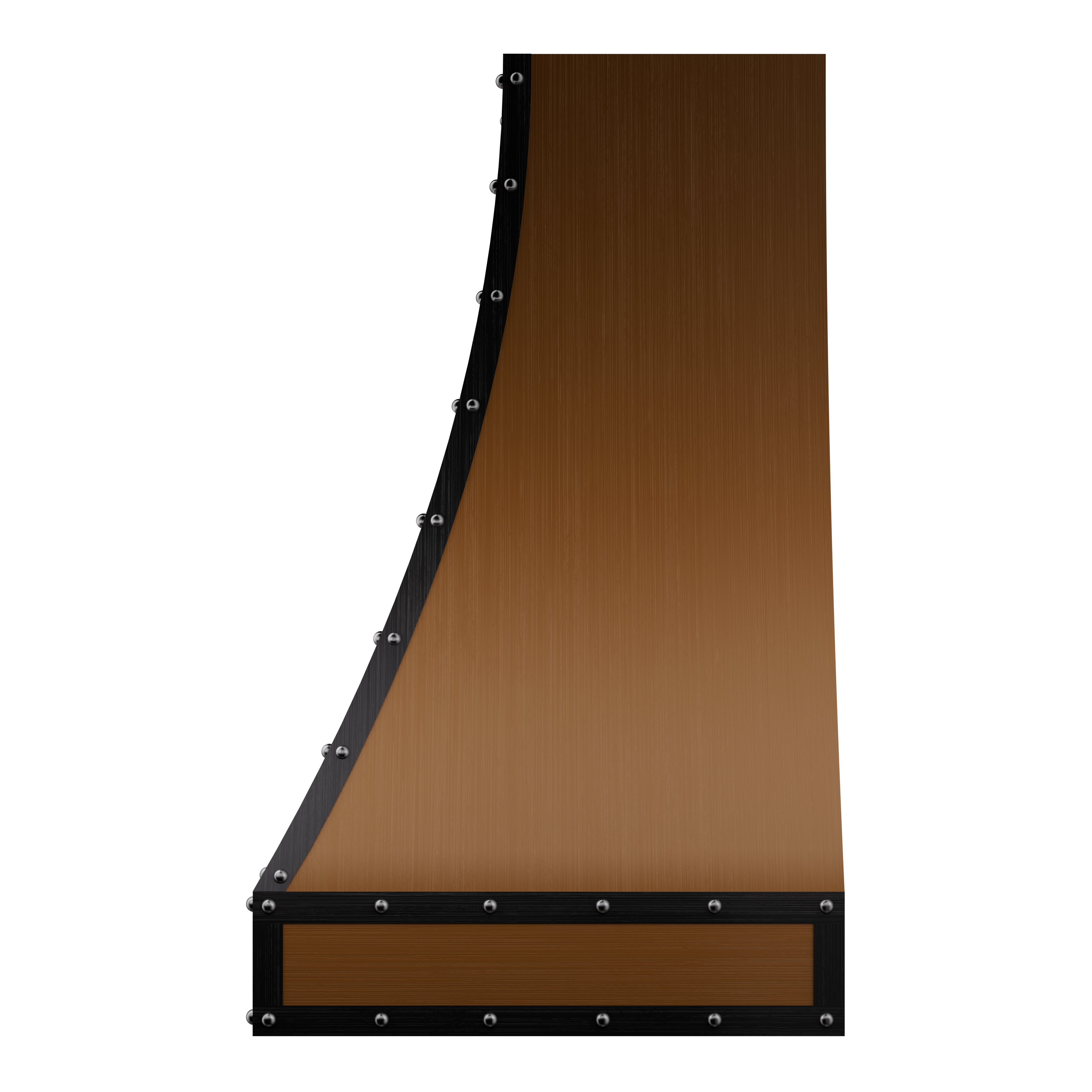 Brass range hood with wood - inspired finish and black trim, perfect for rustic kitchens with butcher - block countertops, iron hardware
