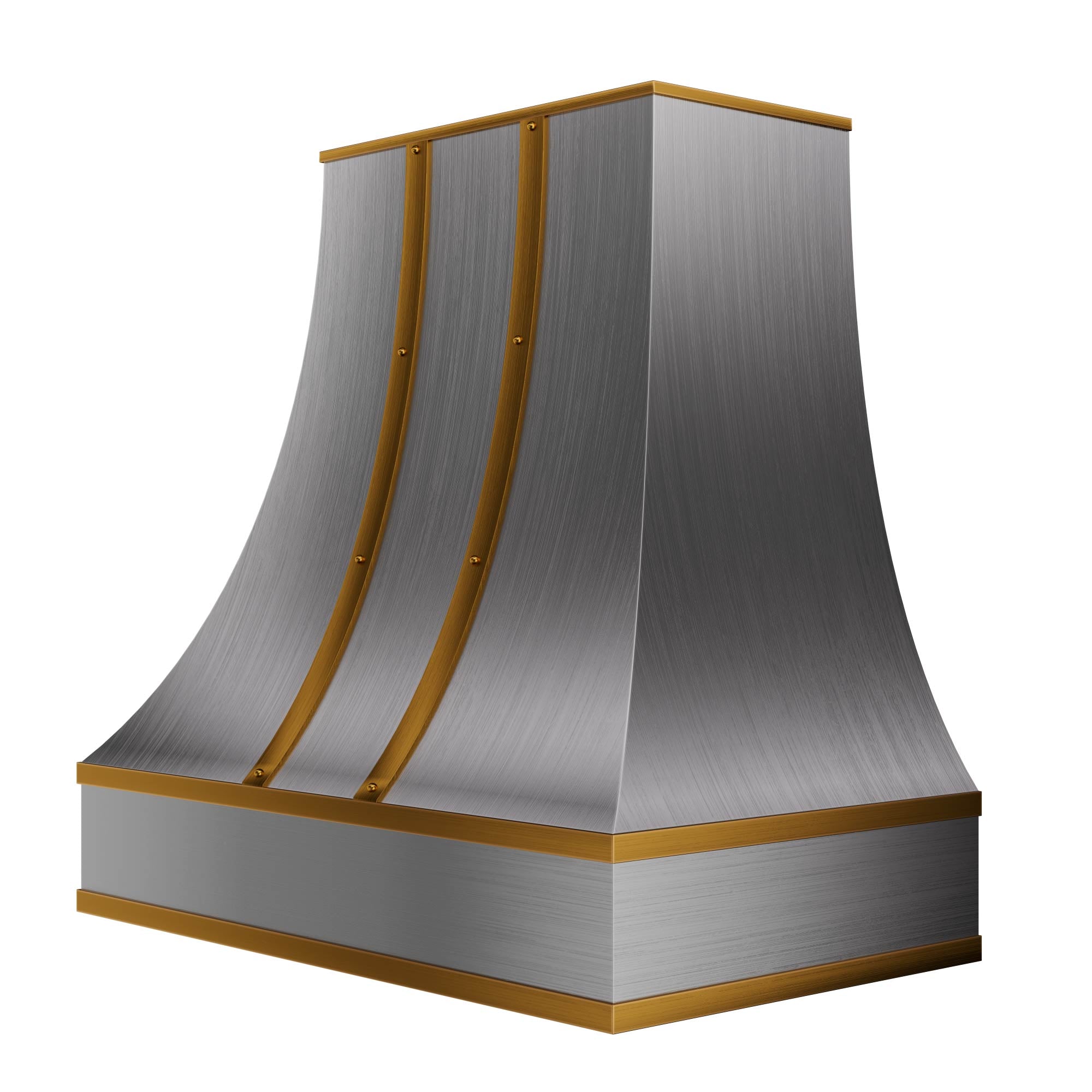 Elegant curved stainless steel range hood with gold accents, combining refined decorative details