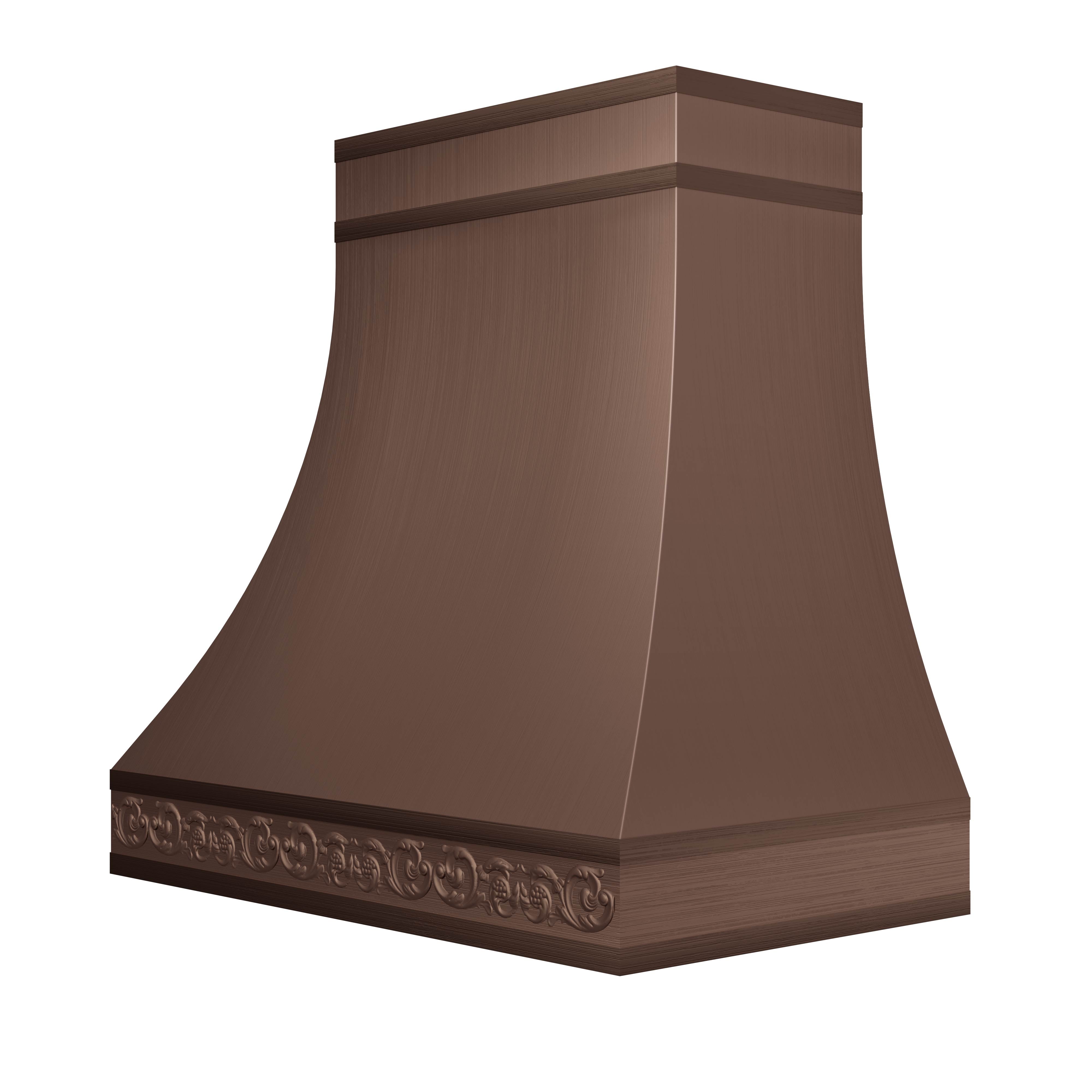 Sleek curved copper range hood, designed to complement kitchens with wooden cabinetry, brass accents