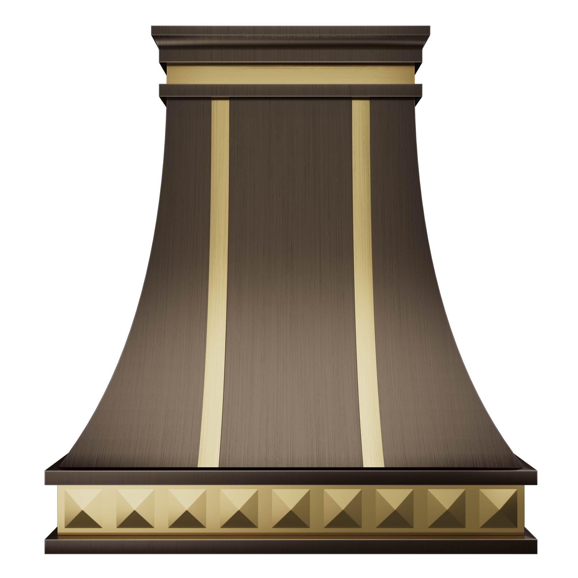 a curved stainless steel range hood featuring gold - trimmed vertical strips and a geometric gold base design, ideal for adding a luxurious, vintage
