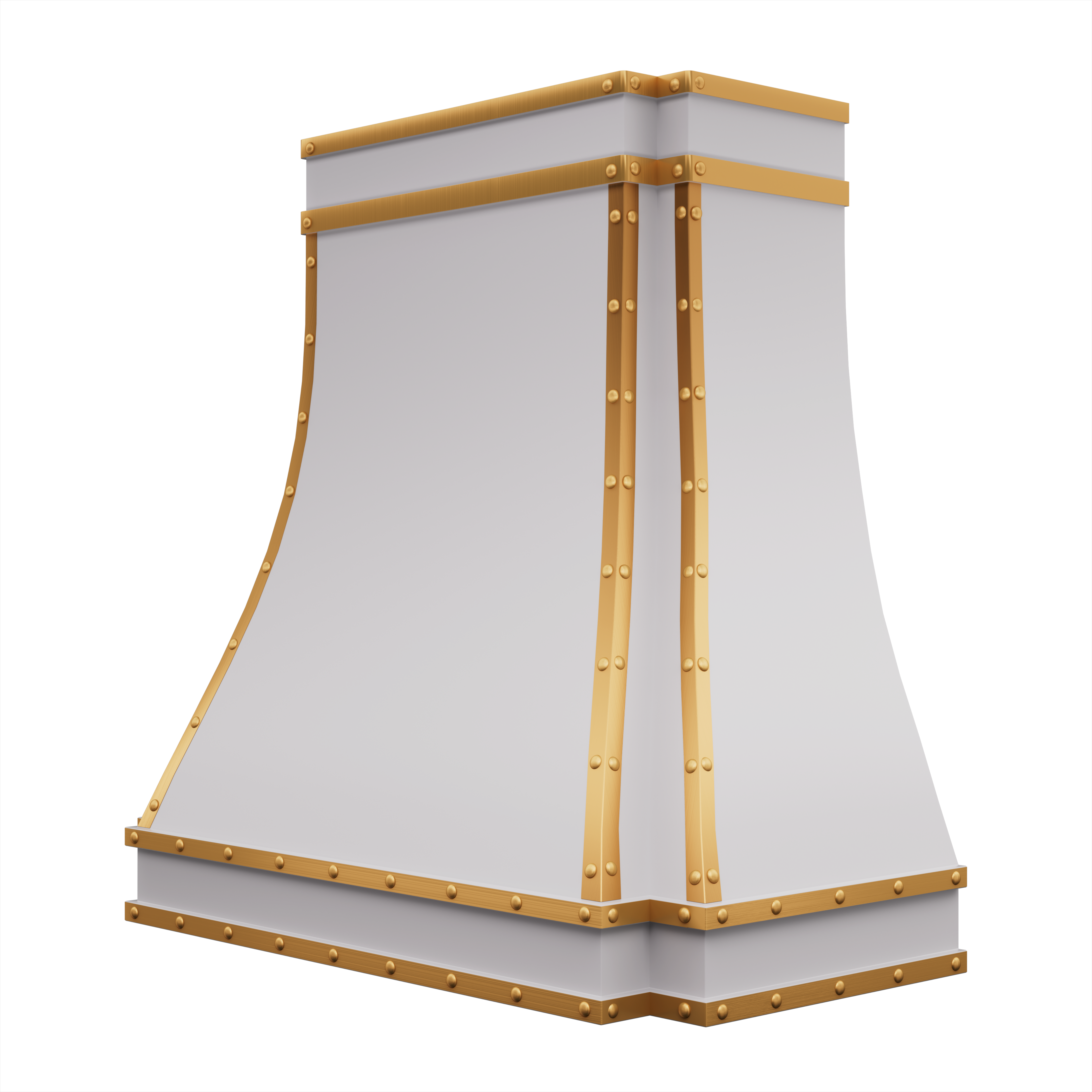 White kitchen hood with gold accents Handcrafted stainless steel range hood with curved shape.